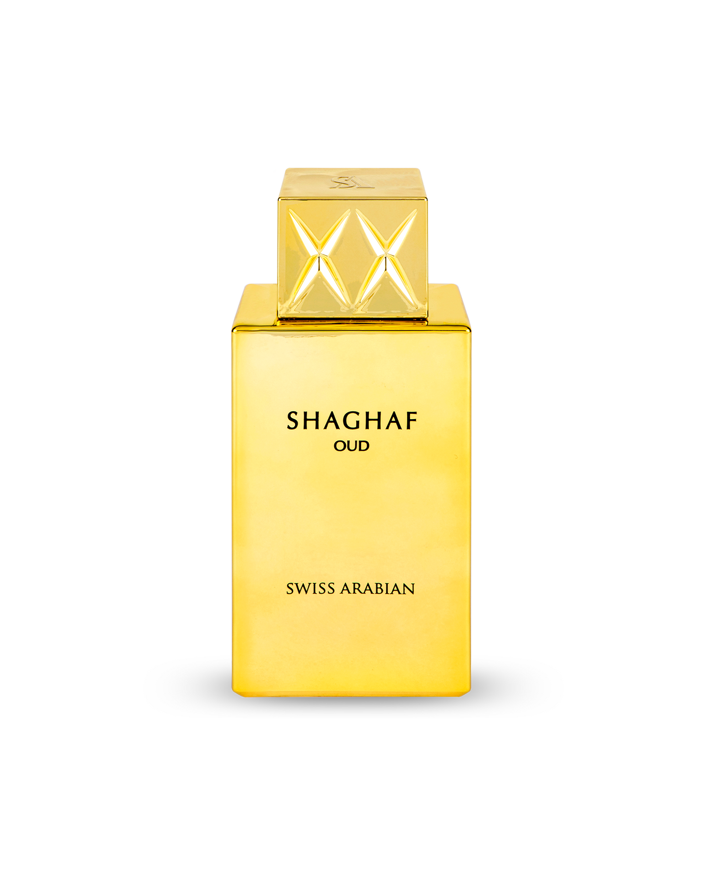 swiss arabian Shaghaf Oud perfume golden bottle on a white background