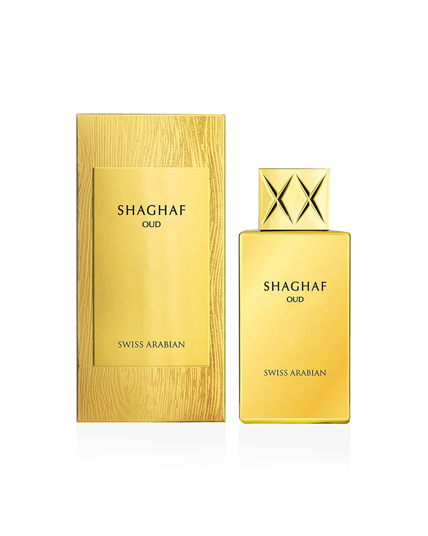 swiss arabian Shaghaf Oud perfume bottle and packaging on a white background