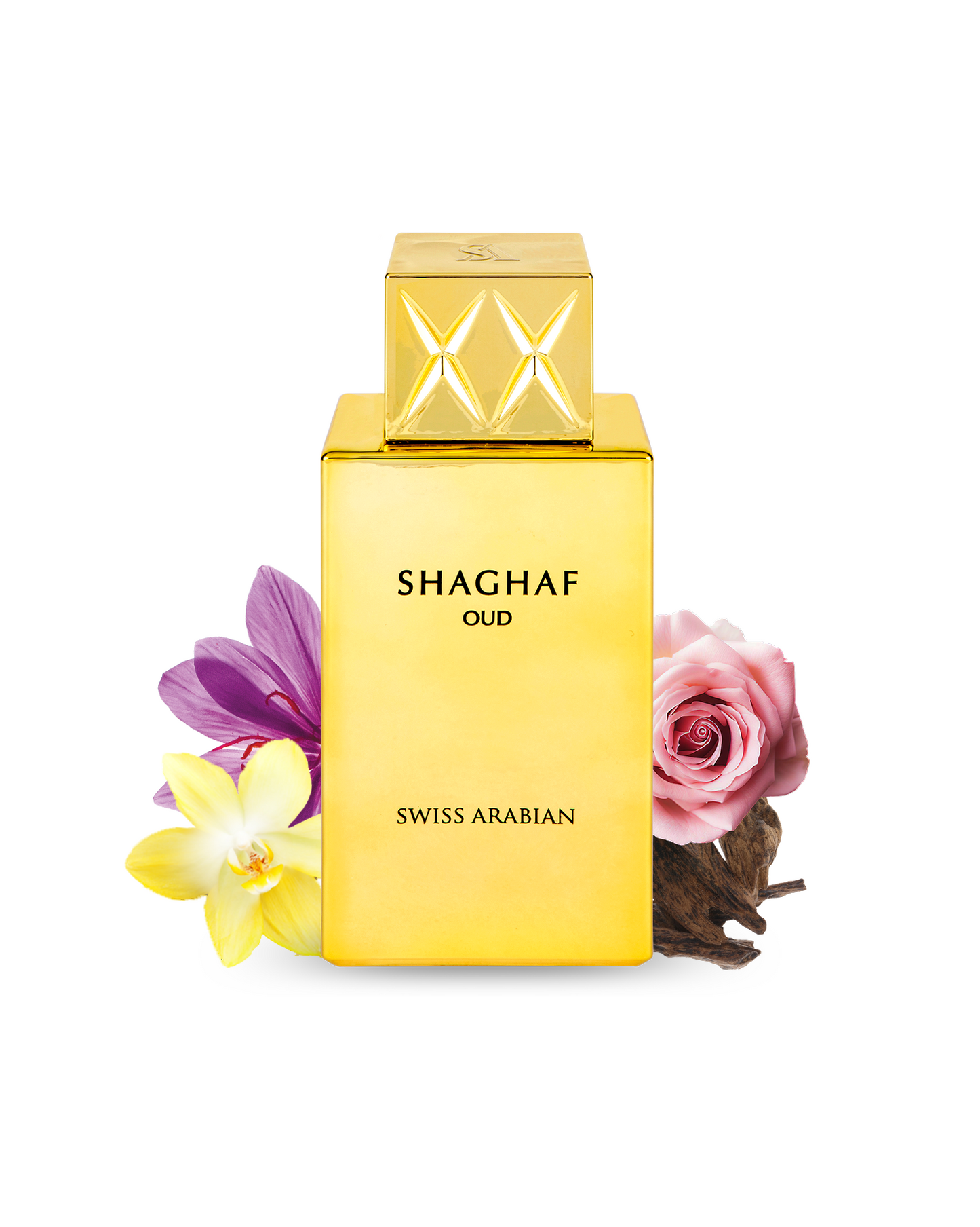 swiss arabian Shaghaf Oud perfume bottle with flowers and oud on a white background