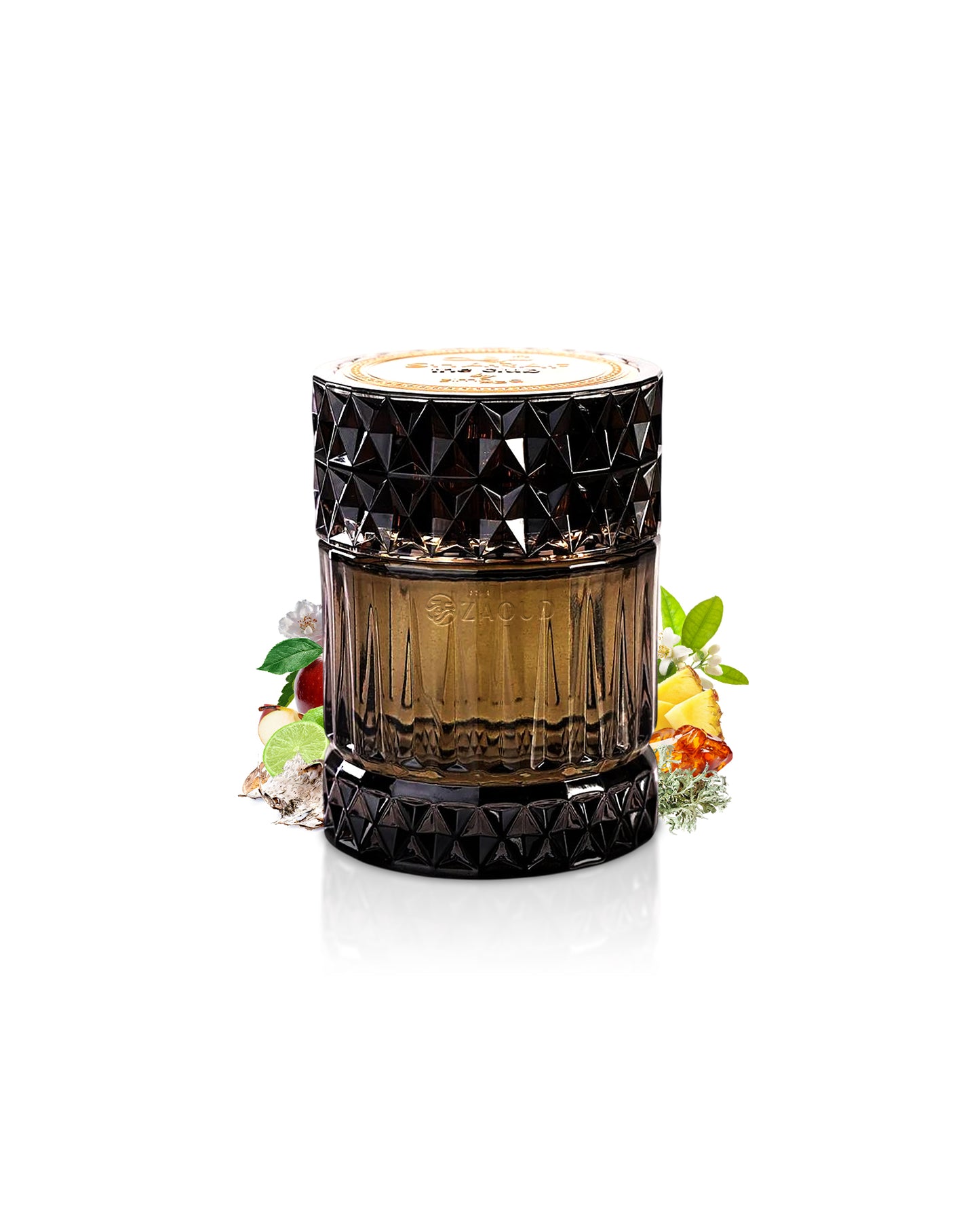 SHARAF the club extrait perfume bottle surrounded with fragrance notes like amber and apple shows against white background