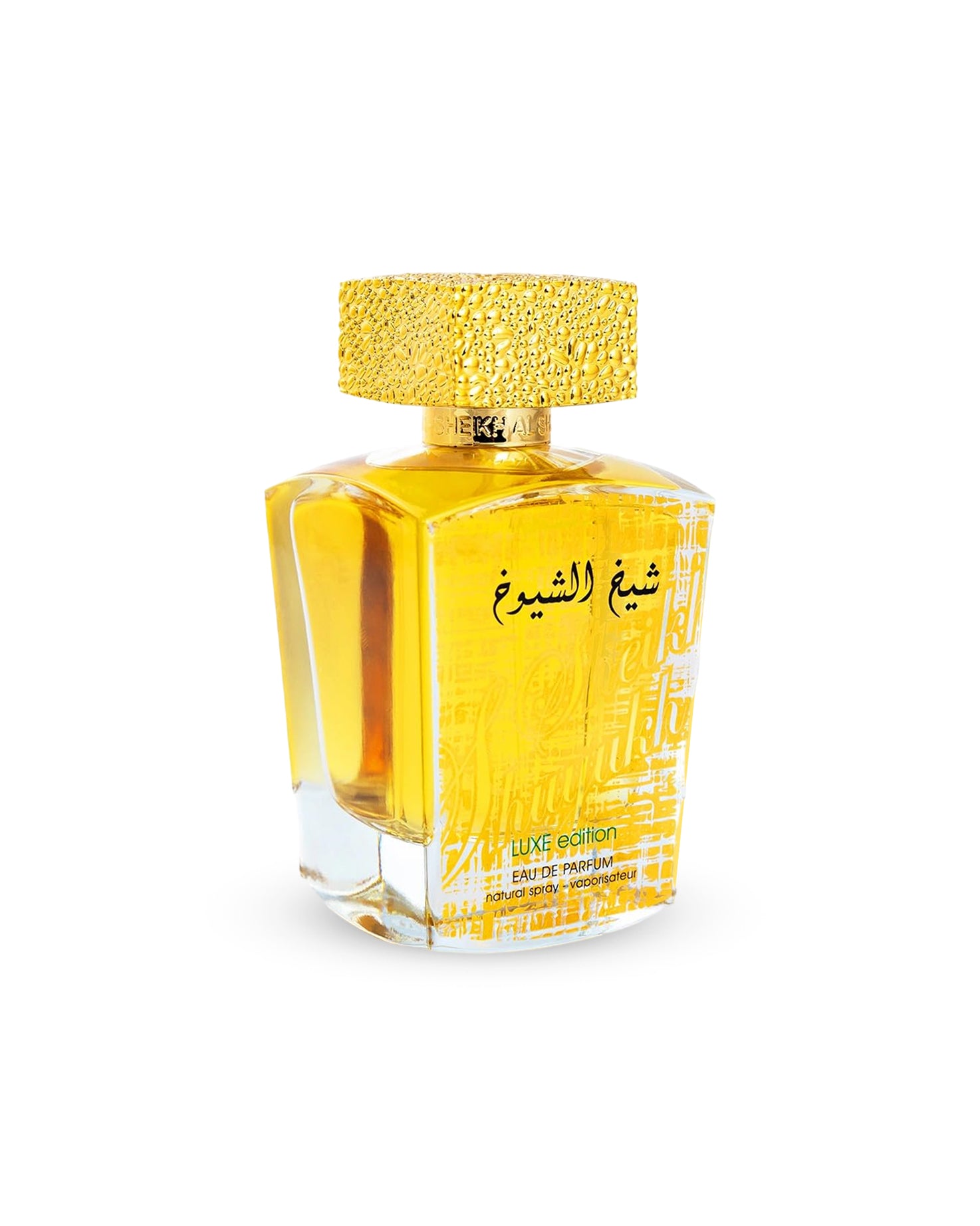 LATTAFA sheikh al shuyukh luxe edition Perfume bottle with gold cap and Arabic text on a white background