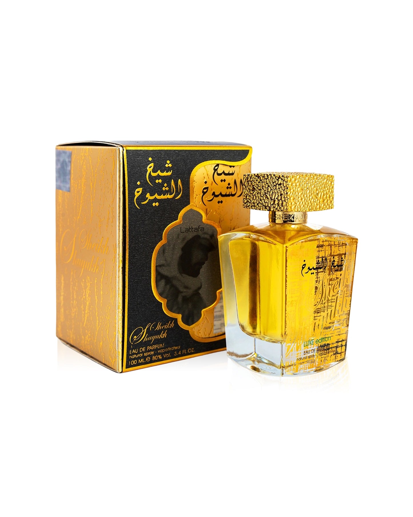 LATTAFA sheikh al shuyukh luxe edition Perfume bottle with gold cap and packaging on a white background