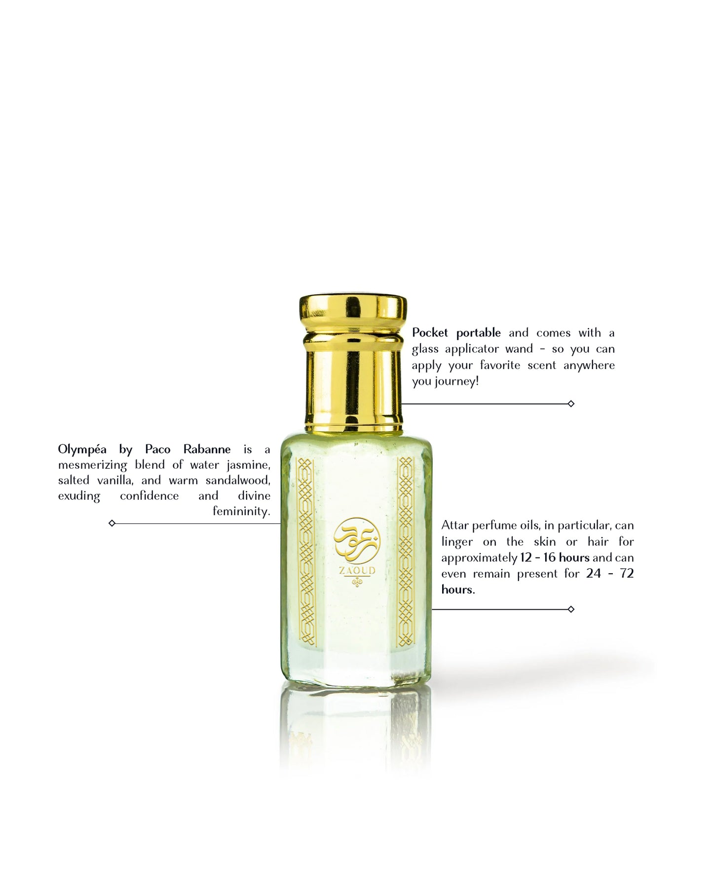 solaris femme perfume oil bottle beside written fragrance informations