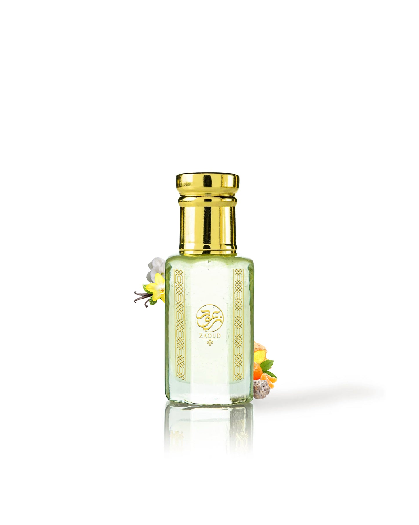 solaris femme perfume oil bottle surrounded with fragrance notes like vanilla and orange against white background