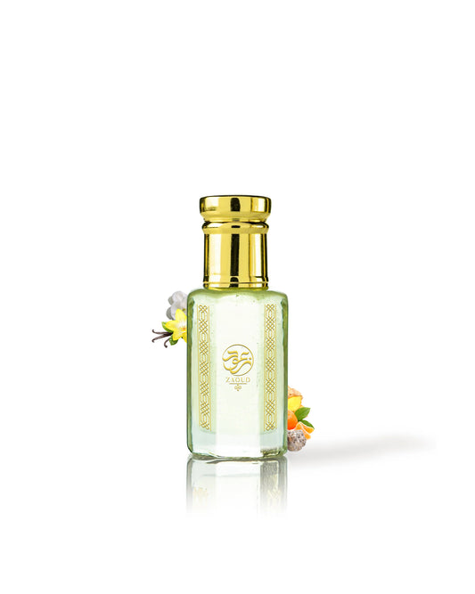 solaris femme perfume oil bottle surrounded with fragrance notes like vanilla and orange against white background