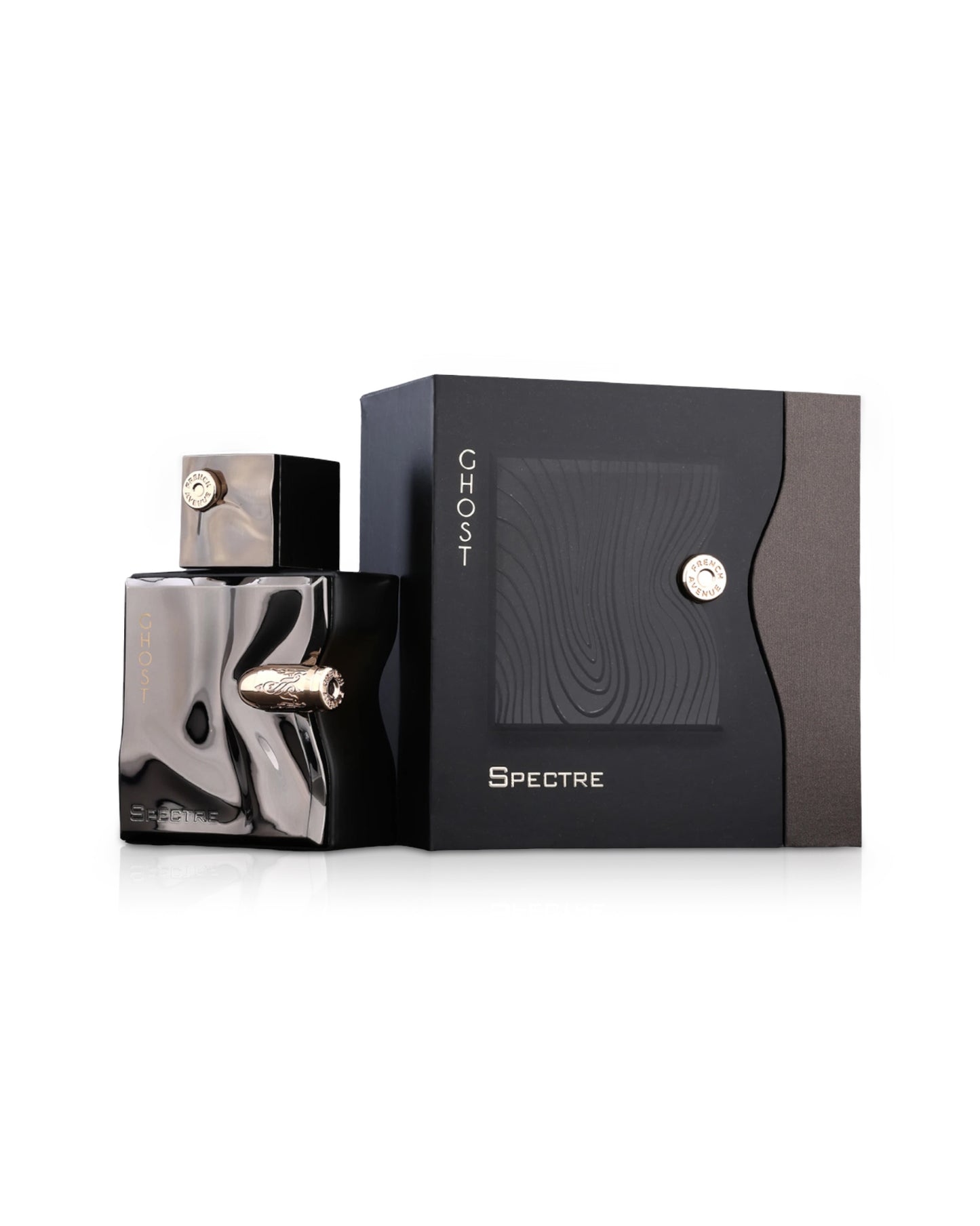 french avenue spectre ghost perfume bottle shows beside its box against white background