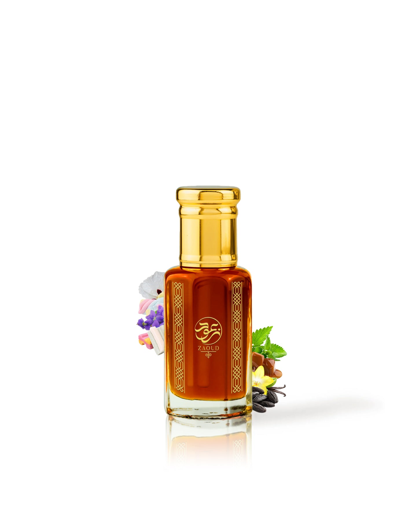 sweet rock perfume oil bottle surrounded with fragrance notes like marshmallow and caramel against white background