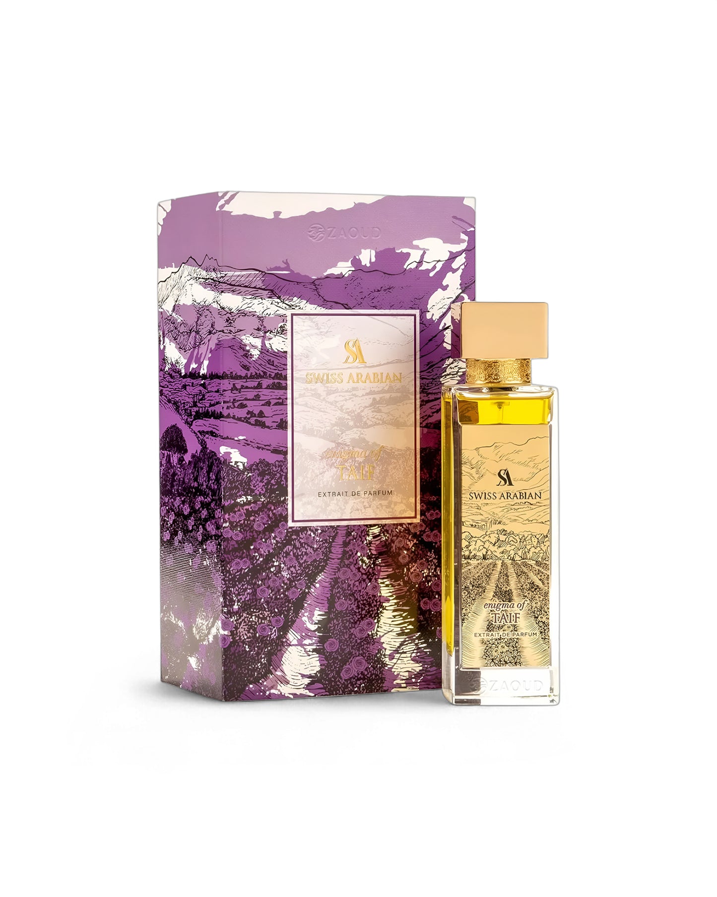 swiss arabian enigma of taif perfume bottle shows beside its box against white background