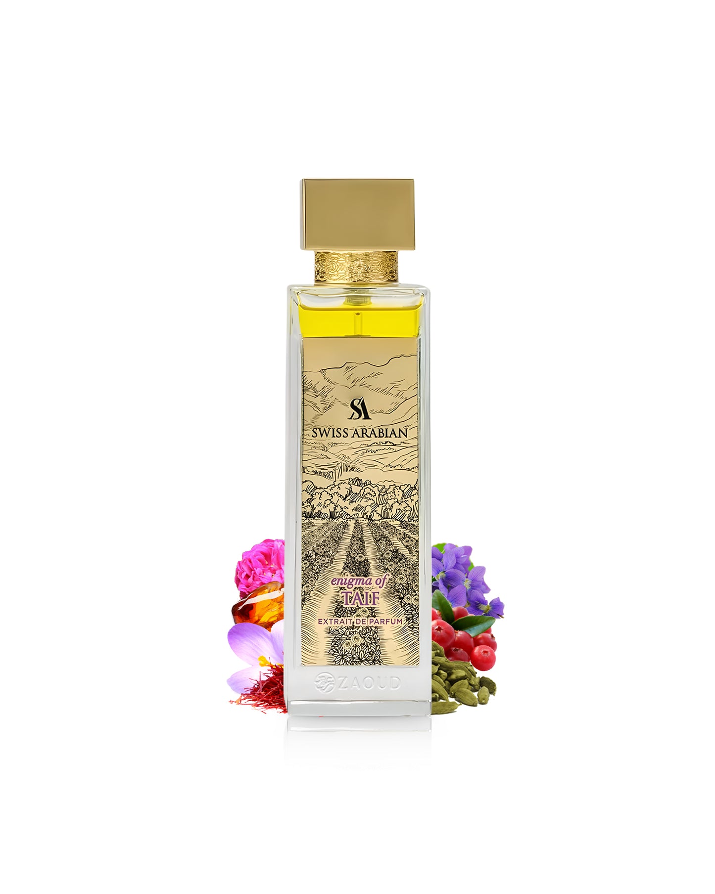 swiss arabian enigma of taif perfume bottle surrounded by fragrance notes like cardamom and spices shows against white background