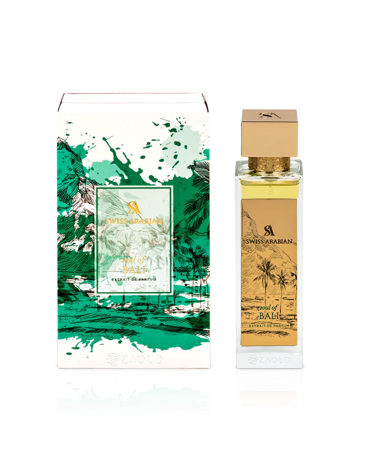 swiss arabian soul of bali perfume bottle shows beside its box against white background