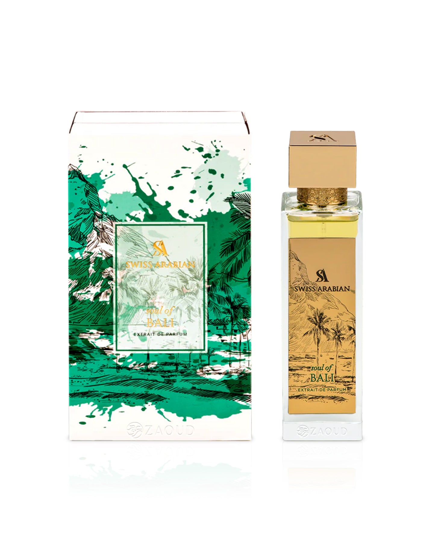 swiss arabian soul of bali perfume bottle shows beside its box against white background
