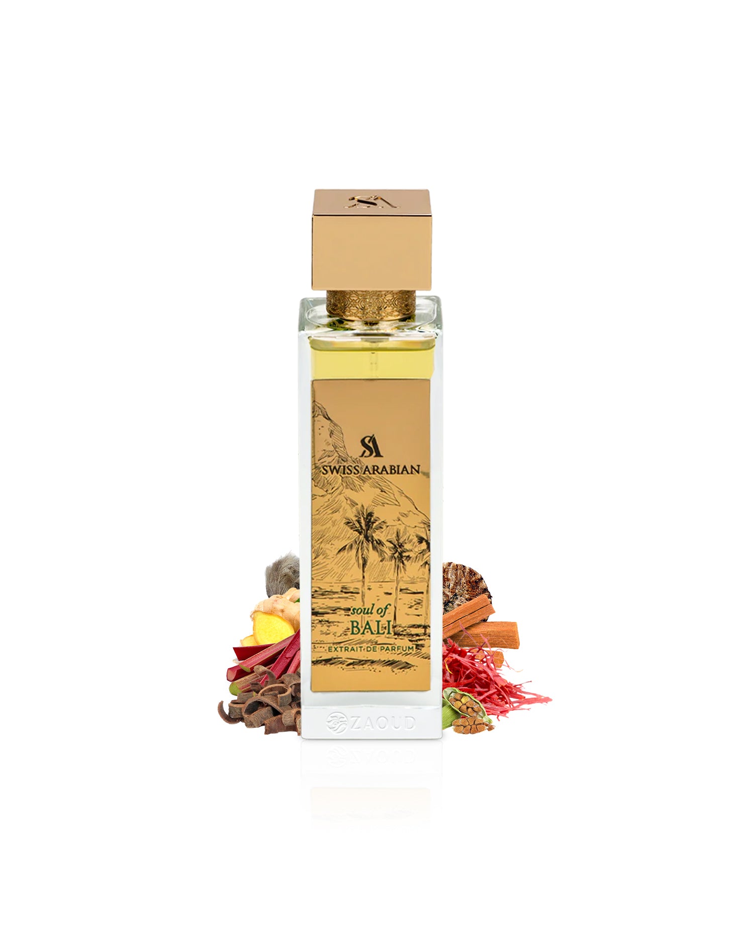swiss arabian soul of bali perfume bottle surrounded with fragrance notes like cardamom and saffron shows against white background