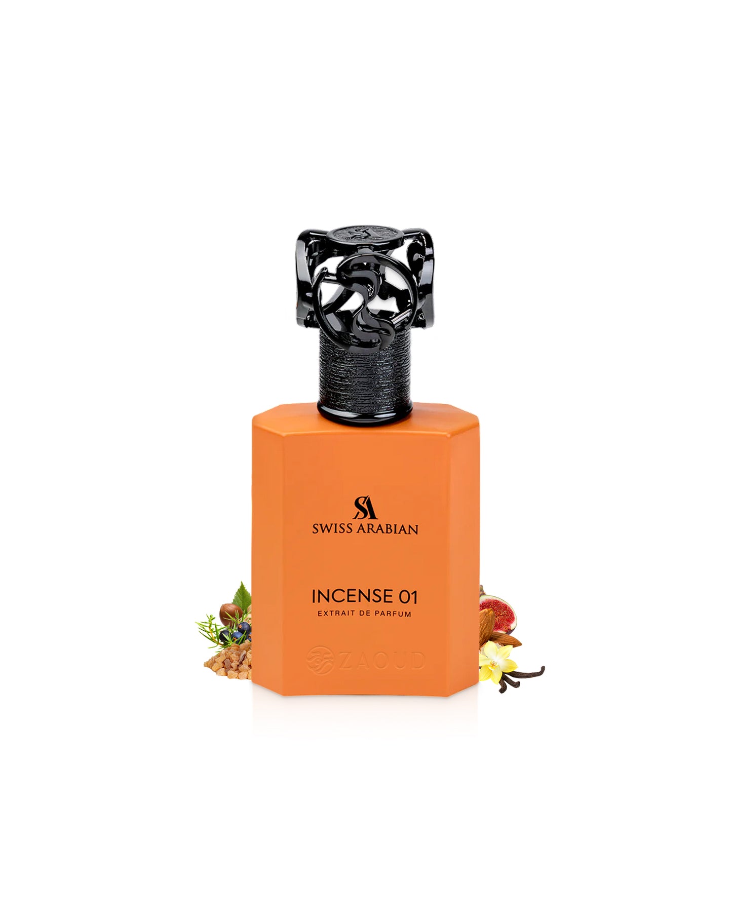 swiss arabian incense 01 perfume bottle surrounded with fragrance notes like incense and vanilla shows against white background