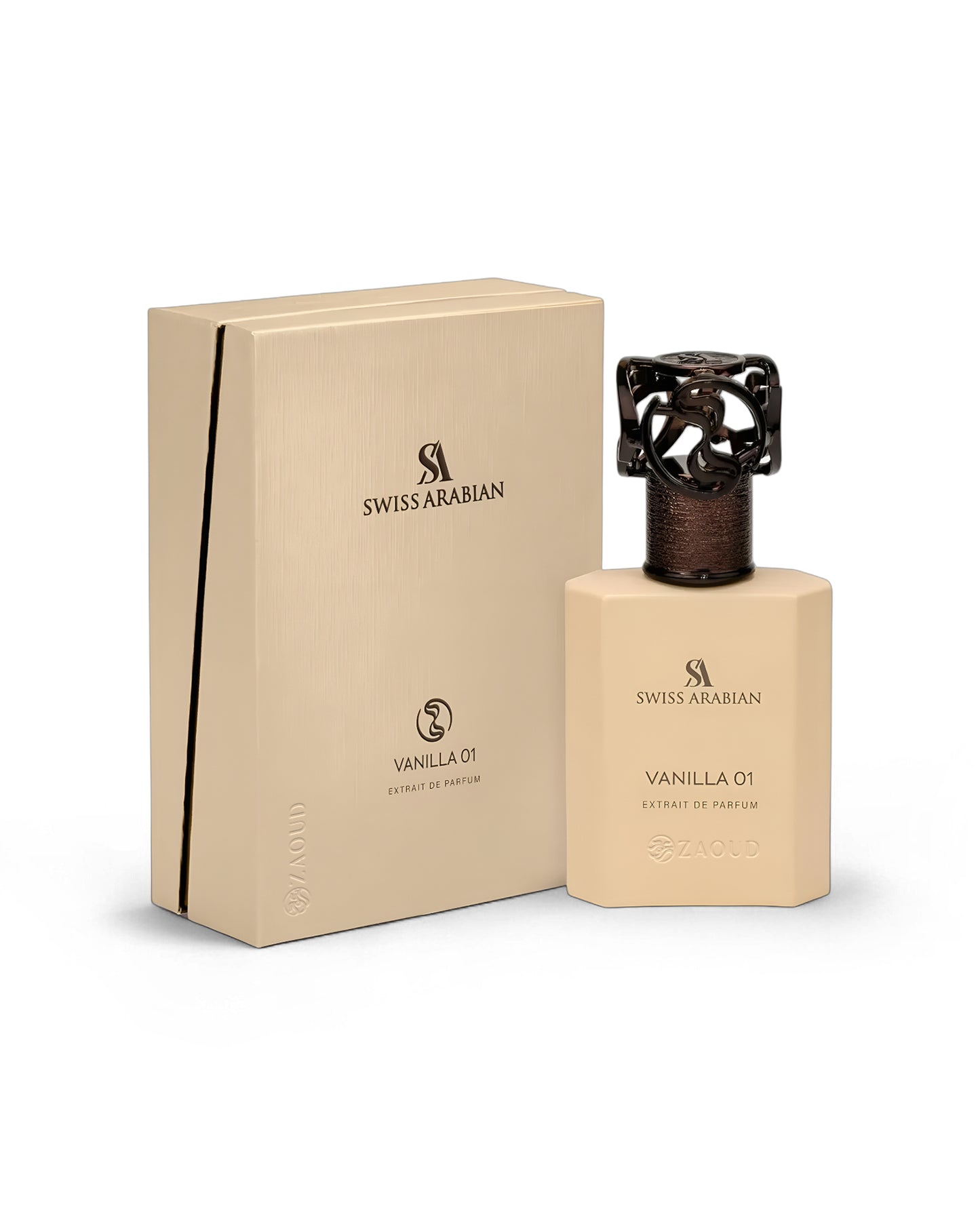swiss arabian vanilla 01 perfume bottle shows beside its packaging against white background