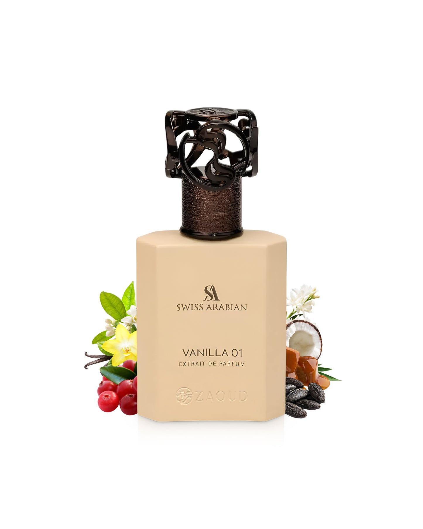 swiss arabian vanilla 01 perfume bottle surrounded by fragrance notes like coconut and vanilla shows against white background