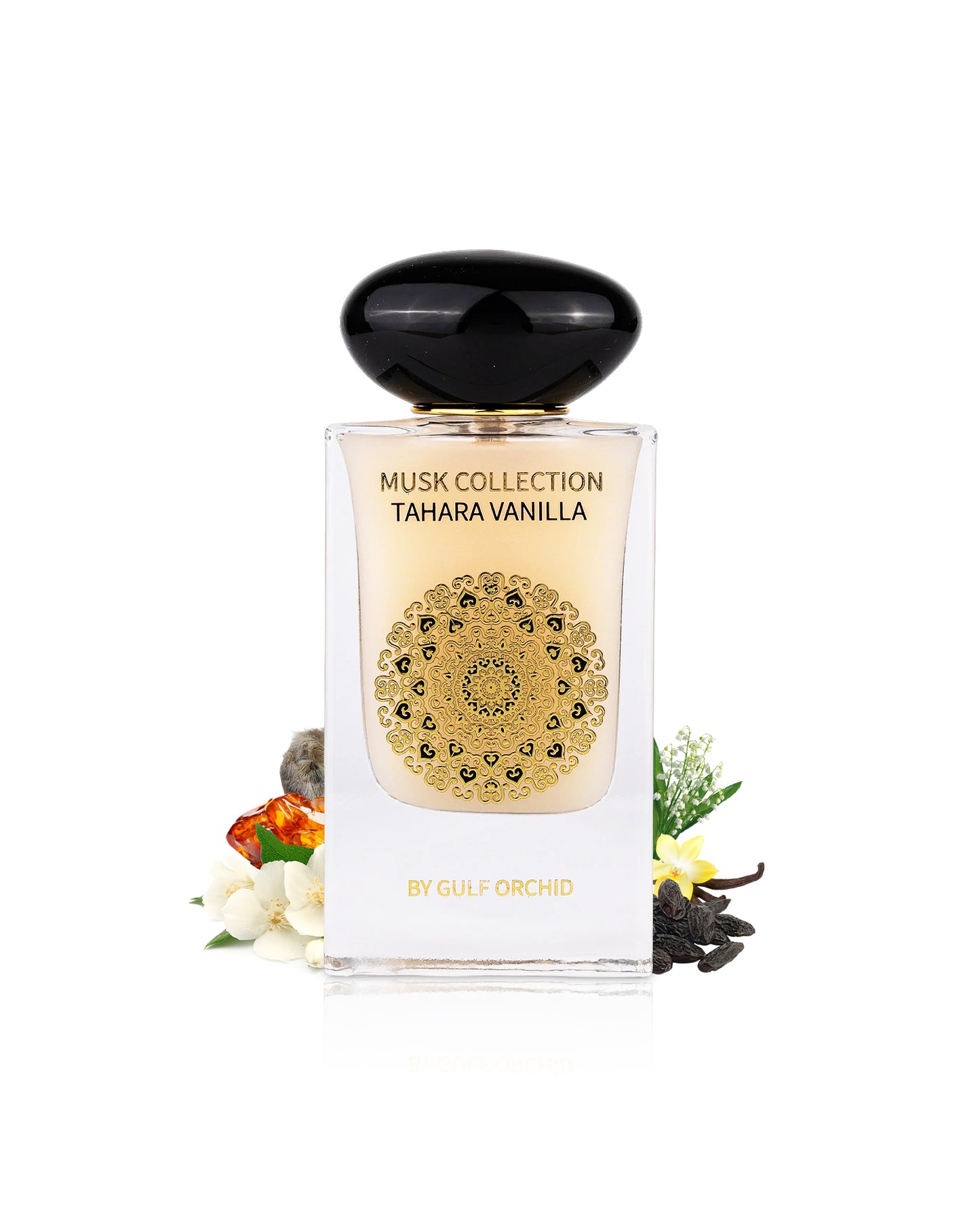 gulf orchid tahara vanilla perfume bottle surrounded with fragrance notes like vanilla and jasmine shows from behind the bottle against white background
