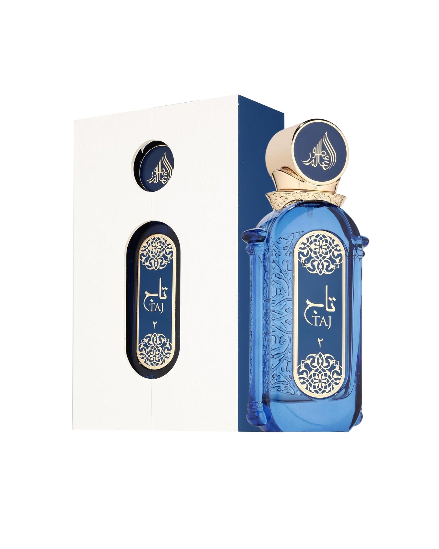 taj 2 edp perfume bottle shows beside its box against white background