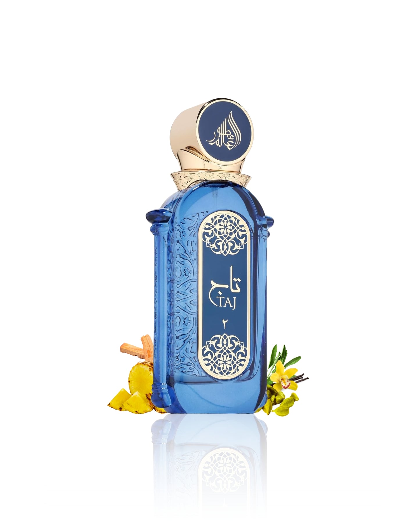 taj 2 edp perfume bottle surrounded with fragrance notes like ananas and cardamom shows against white background