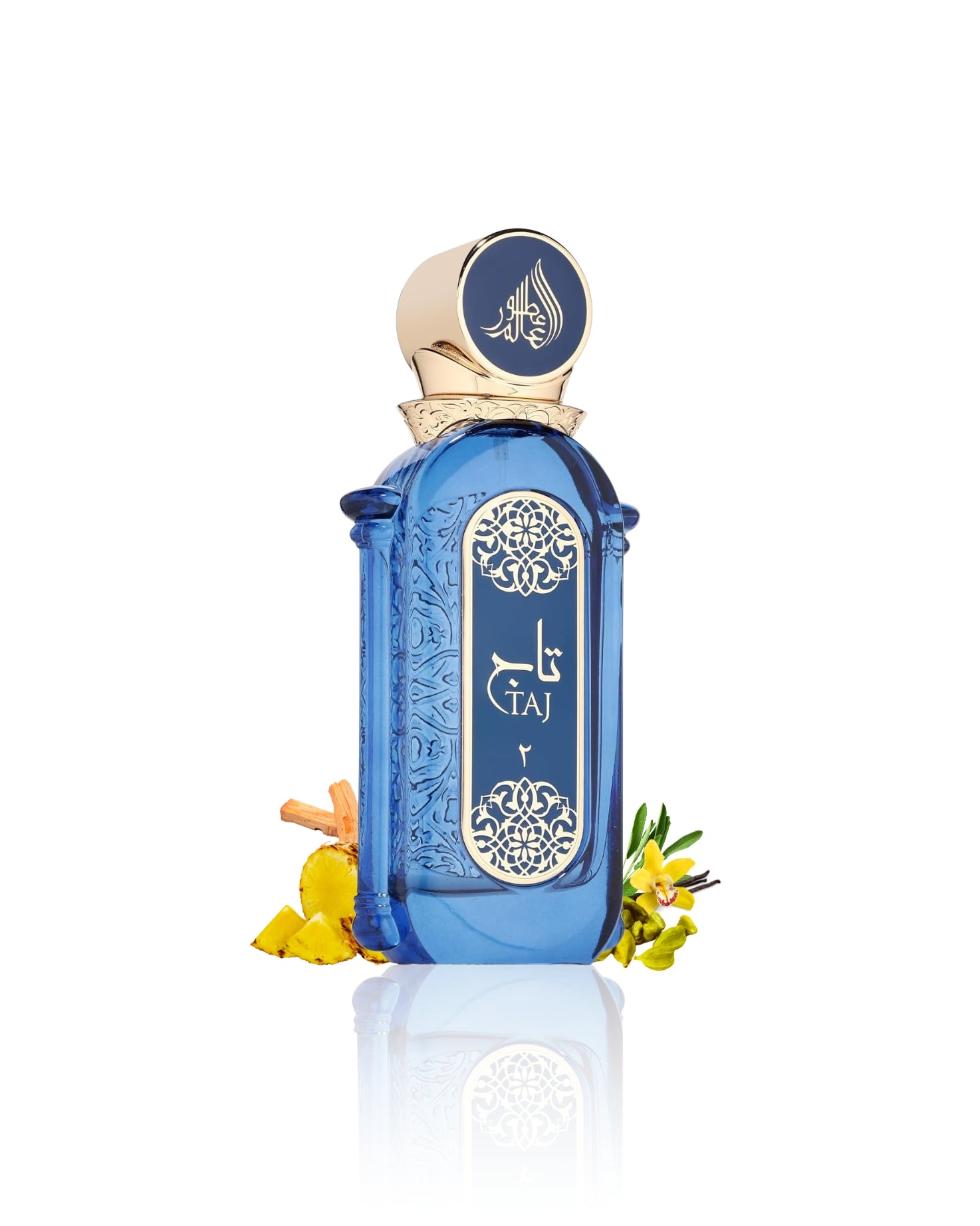 taj 2 edp perfume bottle surrounded with fragrance notes like ananas and cardamom shows against white background