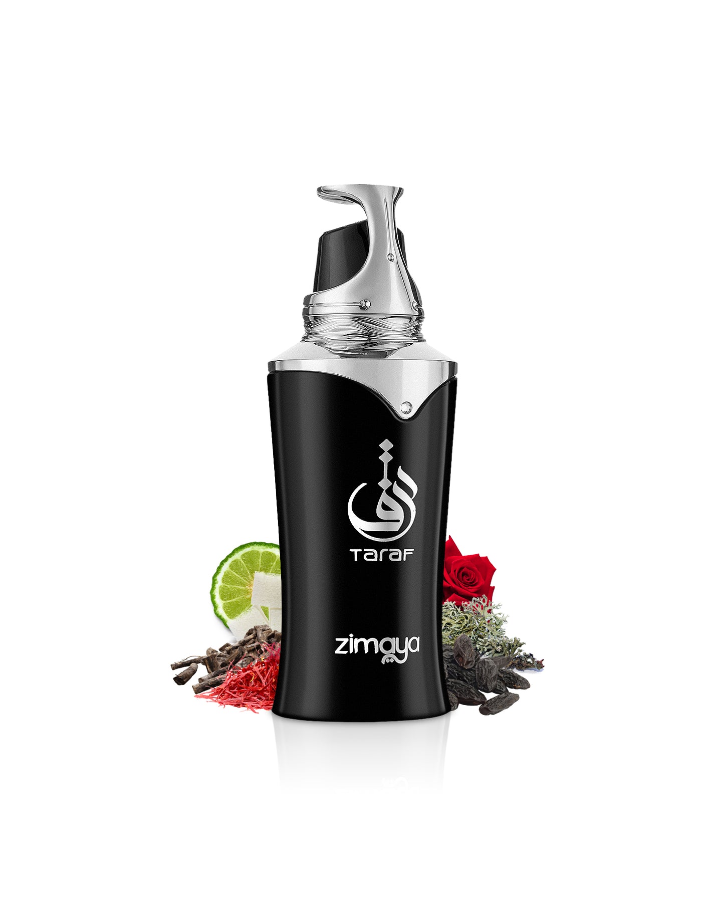 taraf black by zimaya perfumes bottle surrounded with its ingredients like saffron and tonka beans beside many others shows from behind the bottle against white background
