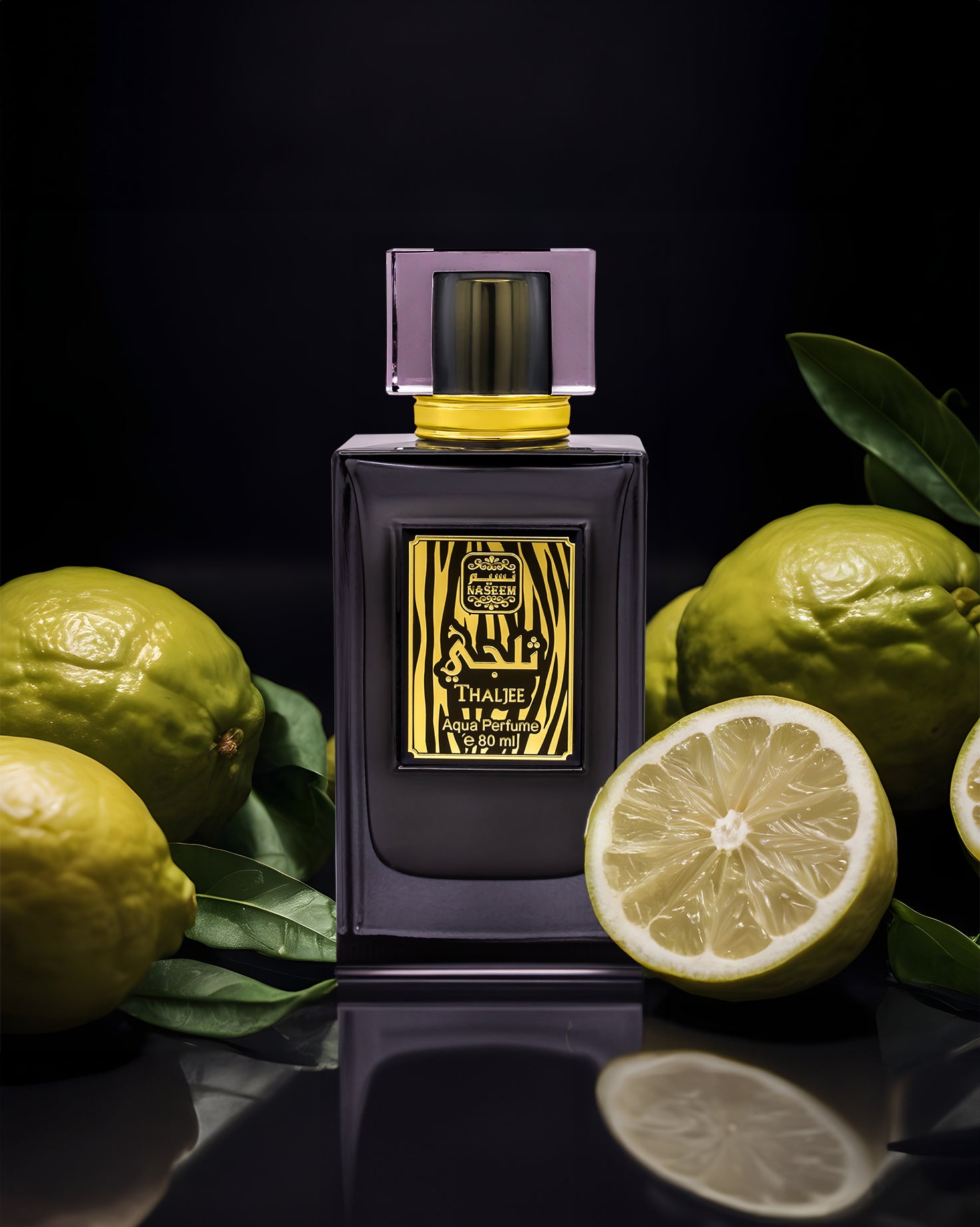 Analyzing image    thaljee aqua parfum bottle surrounded by citrus against black background
