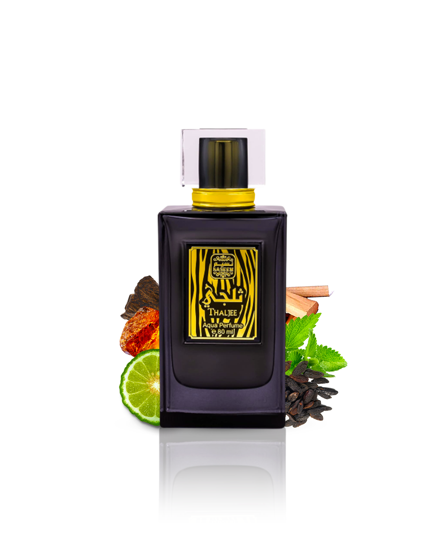 thaljee aqua parfum bottle surrounded by tonka beans and citrus against white background