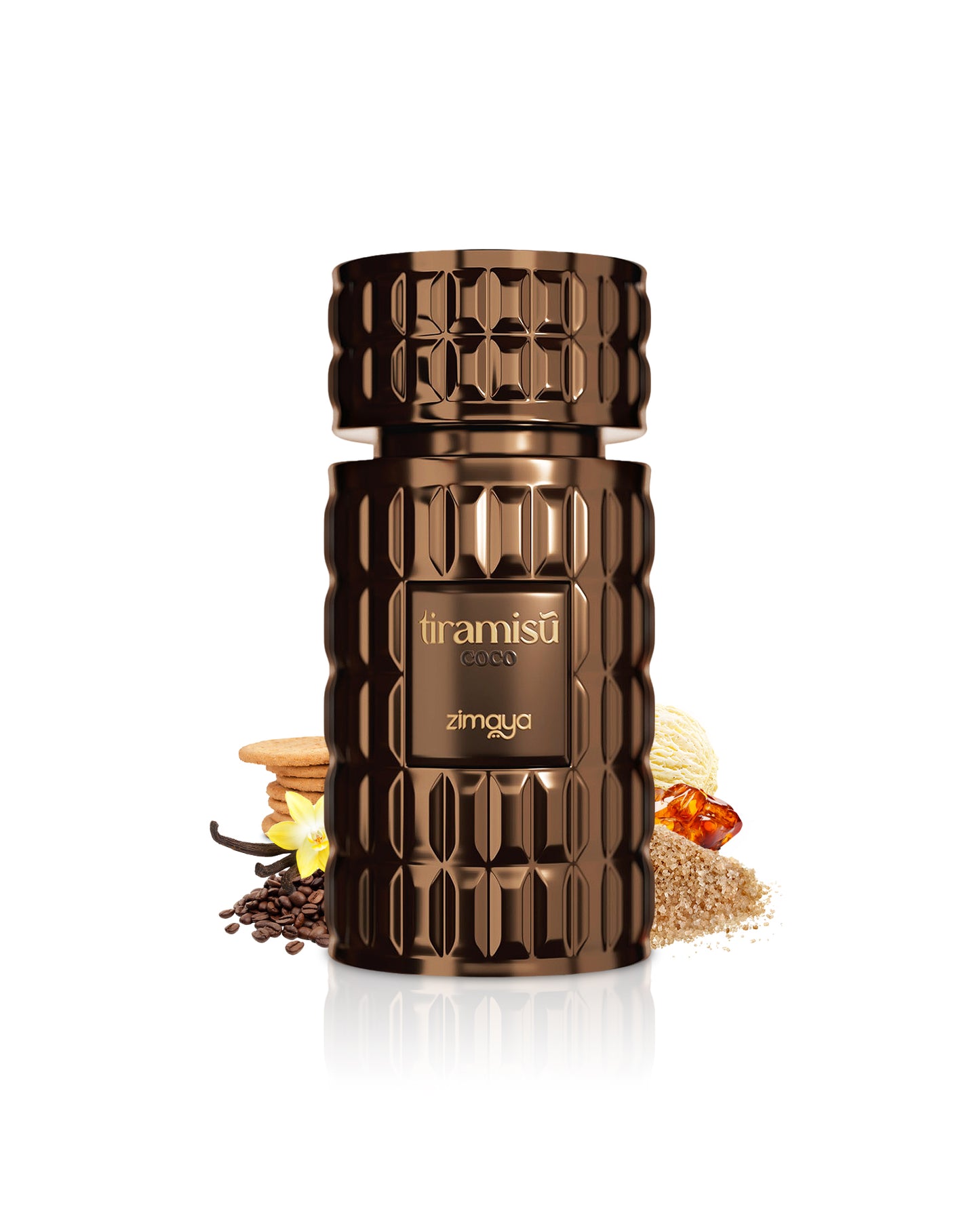 tiramisu coco perfume bottle surrounded with fragrance notes like coffee and brown sugar shows against white background