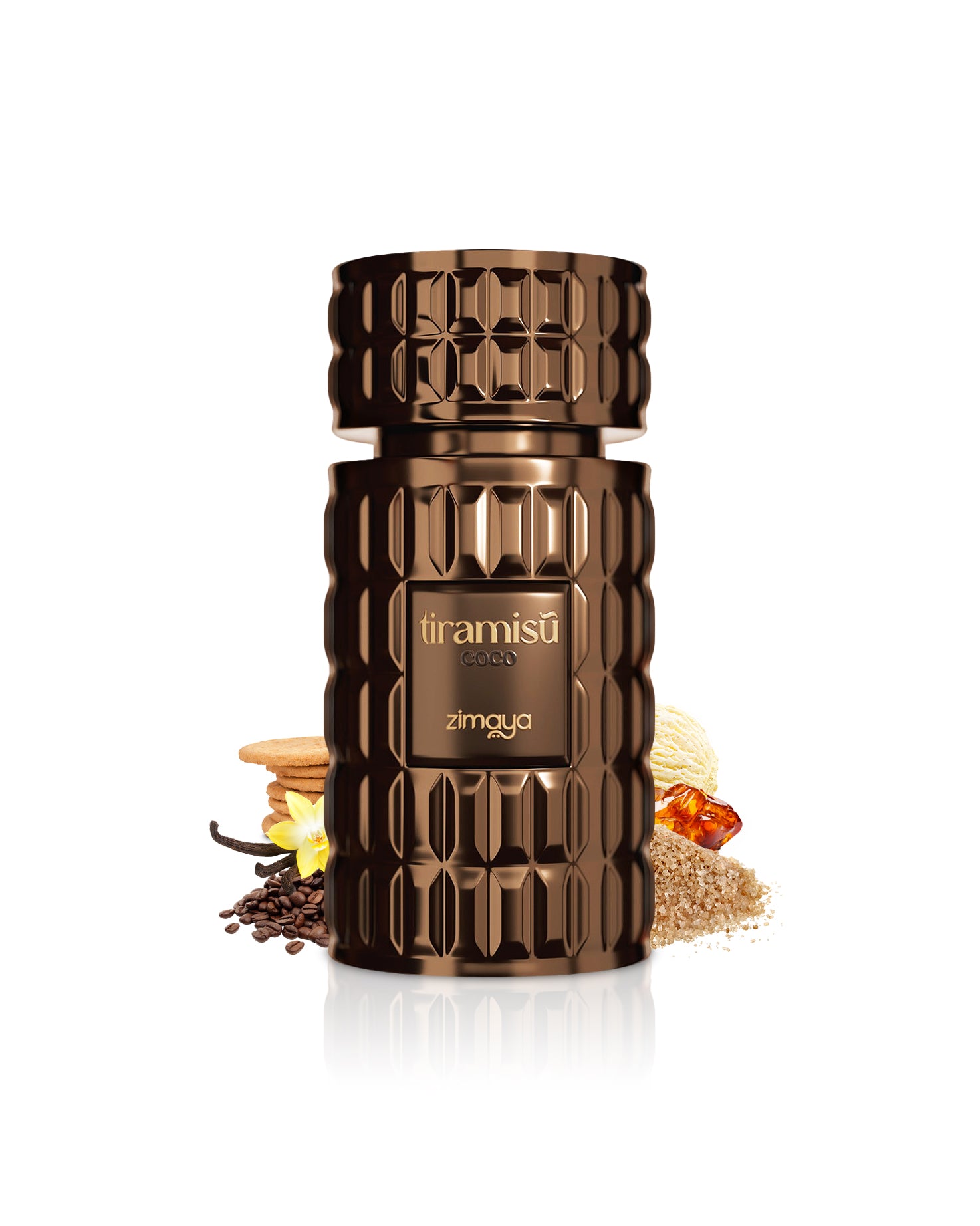 tiramisu coco perfume bottle surrounded with fragrance notes like coffee and brown sugar shows against white background