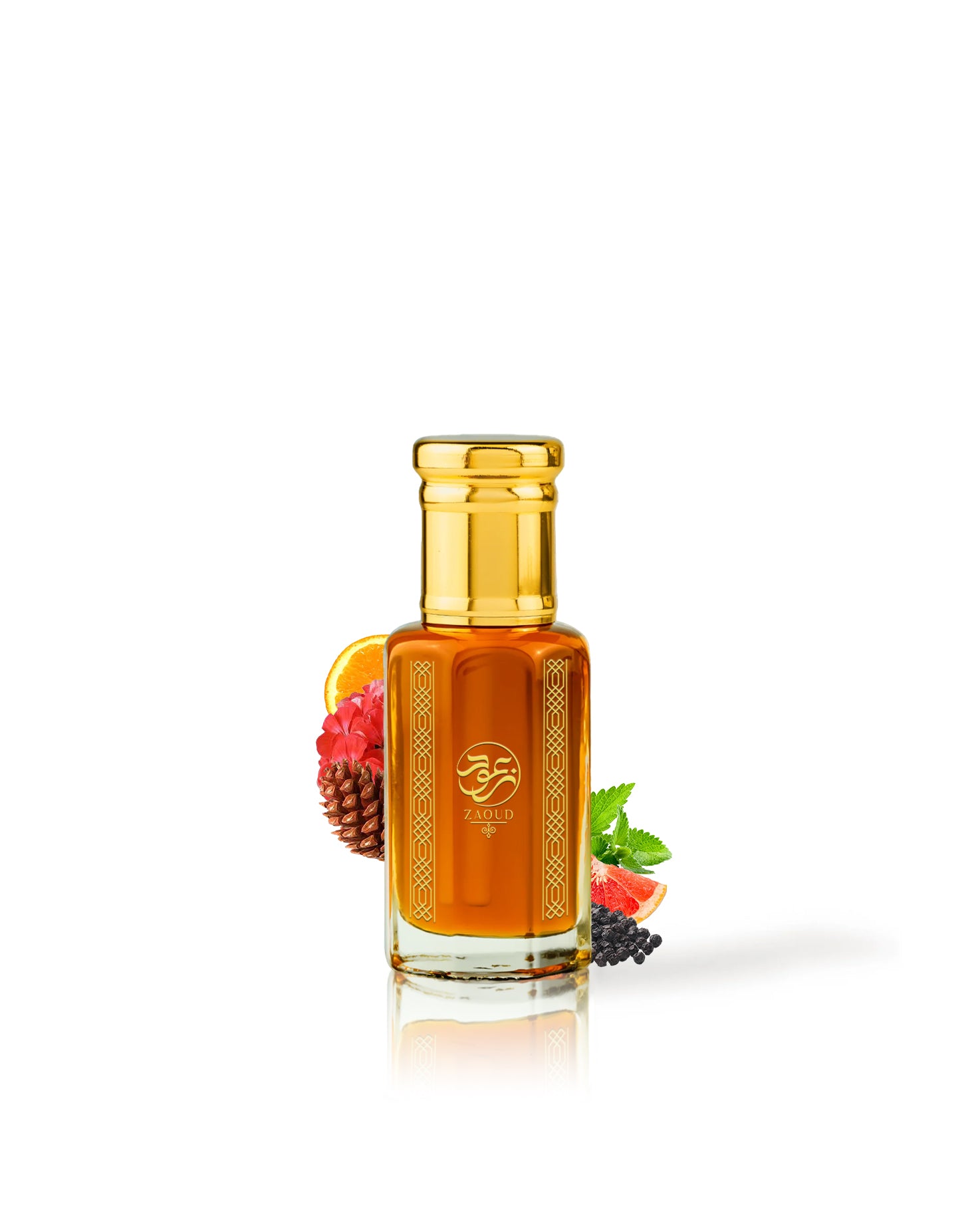 turab erfume oil bottle surrounded with fragrance notes like orange and pepper shows from behind the bottle against white background