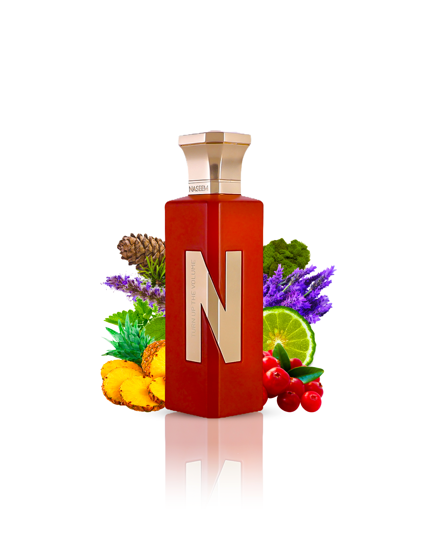 turn up the volume aqua parfum bottle surrounded by pineapple citrus against white background