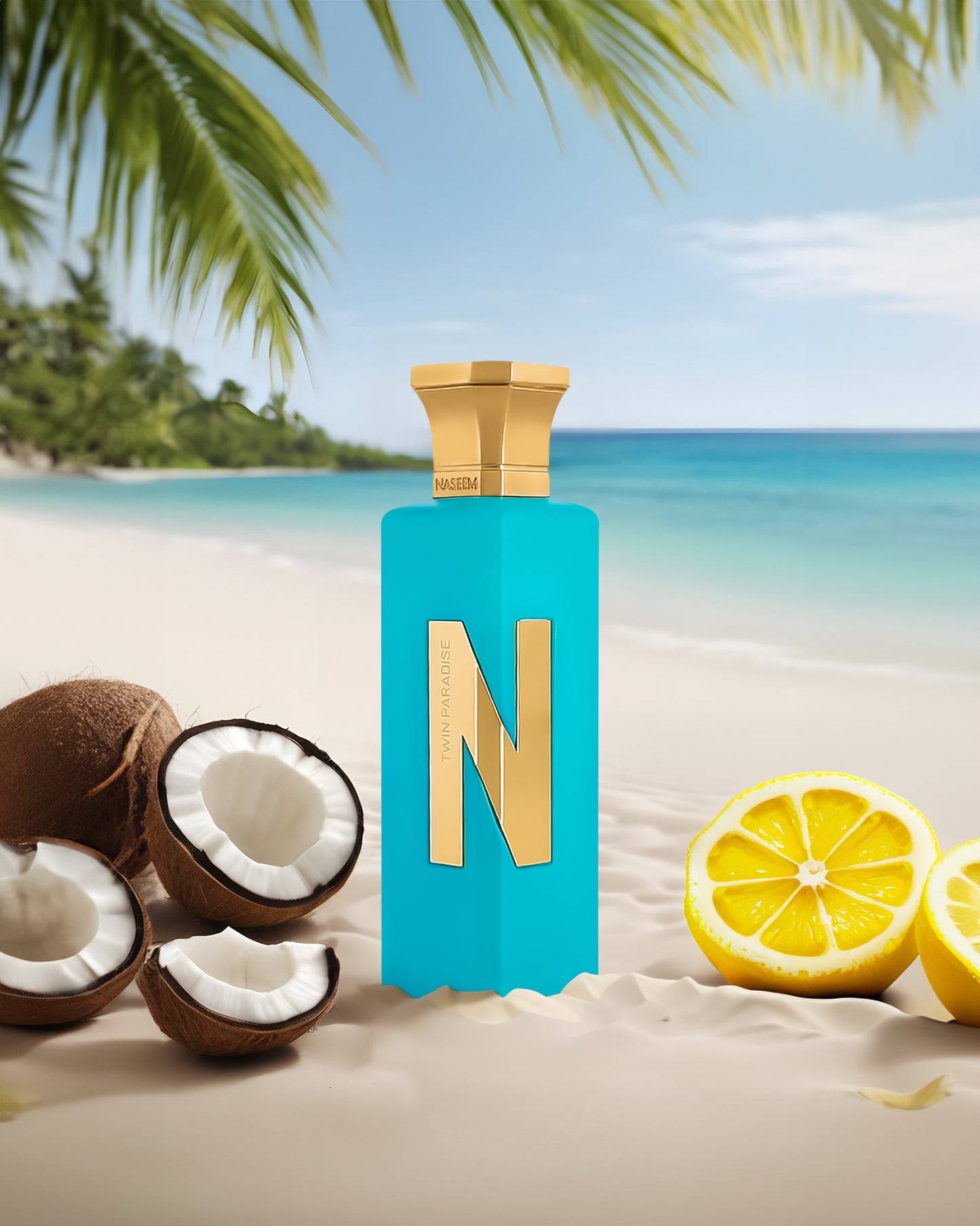 twin paradise aqua parfum bottle infront of beach besides coconut and lemon