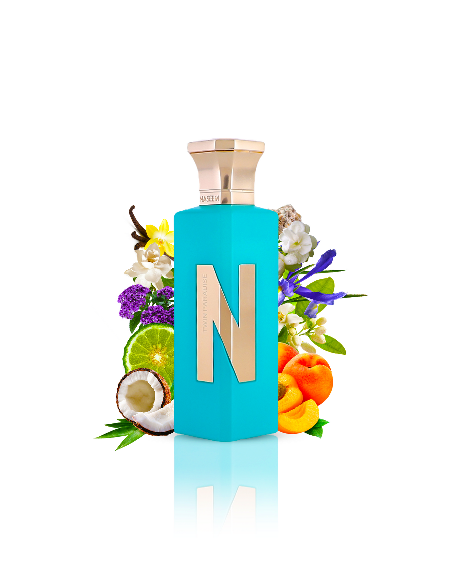 twin paradise aqua parfum bottle surrounded by coconut peach vanilla against white background