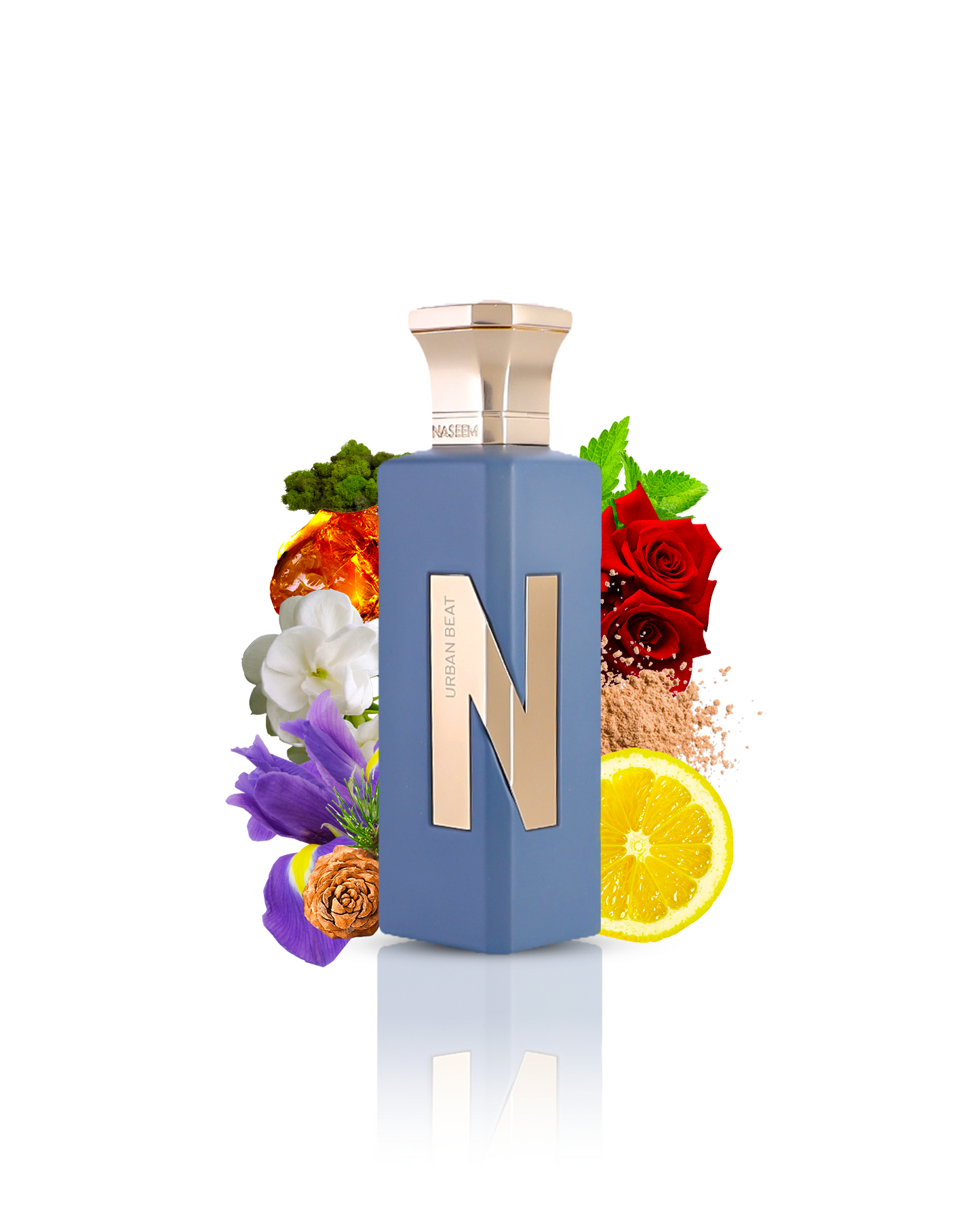 urban beat aqua parfum bottle surrounded by lemon iris against white background