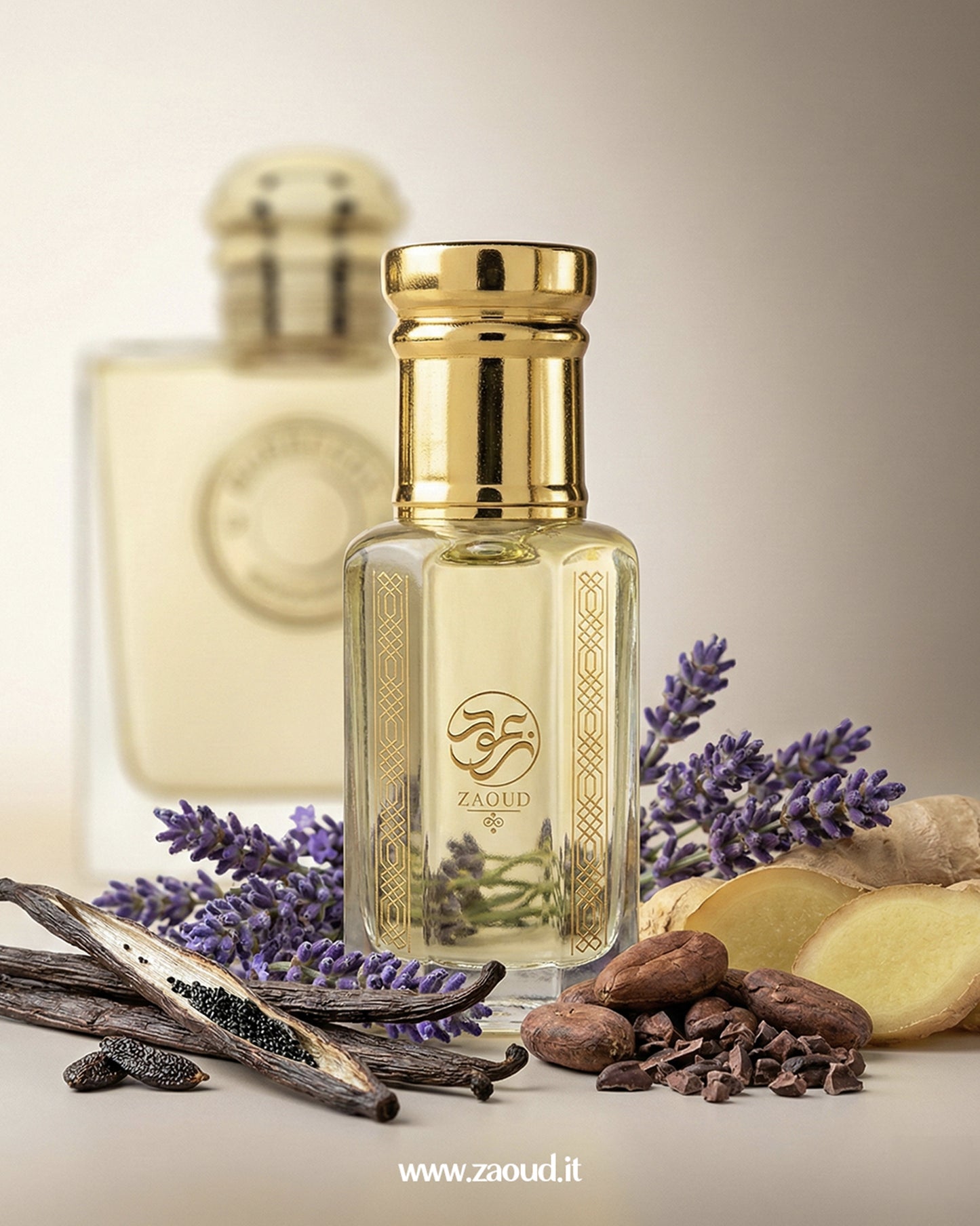 vanilla-maleka-perfume-oil perfume bottle with lavender and ginger on a neutral background