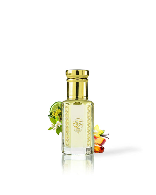 vedia perfume oil bottle surrended with fragrance notes like amber and peach shows against white background