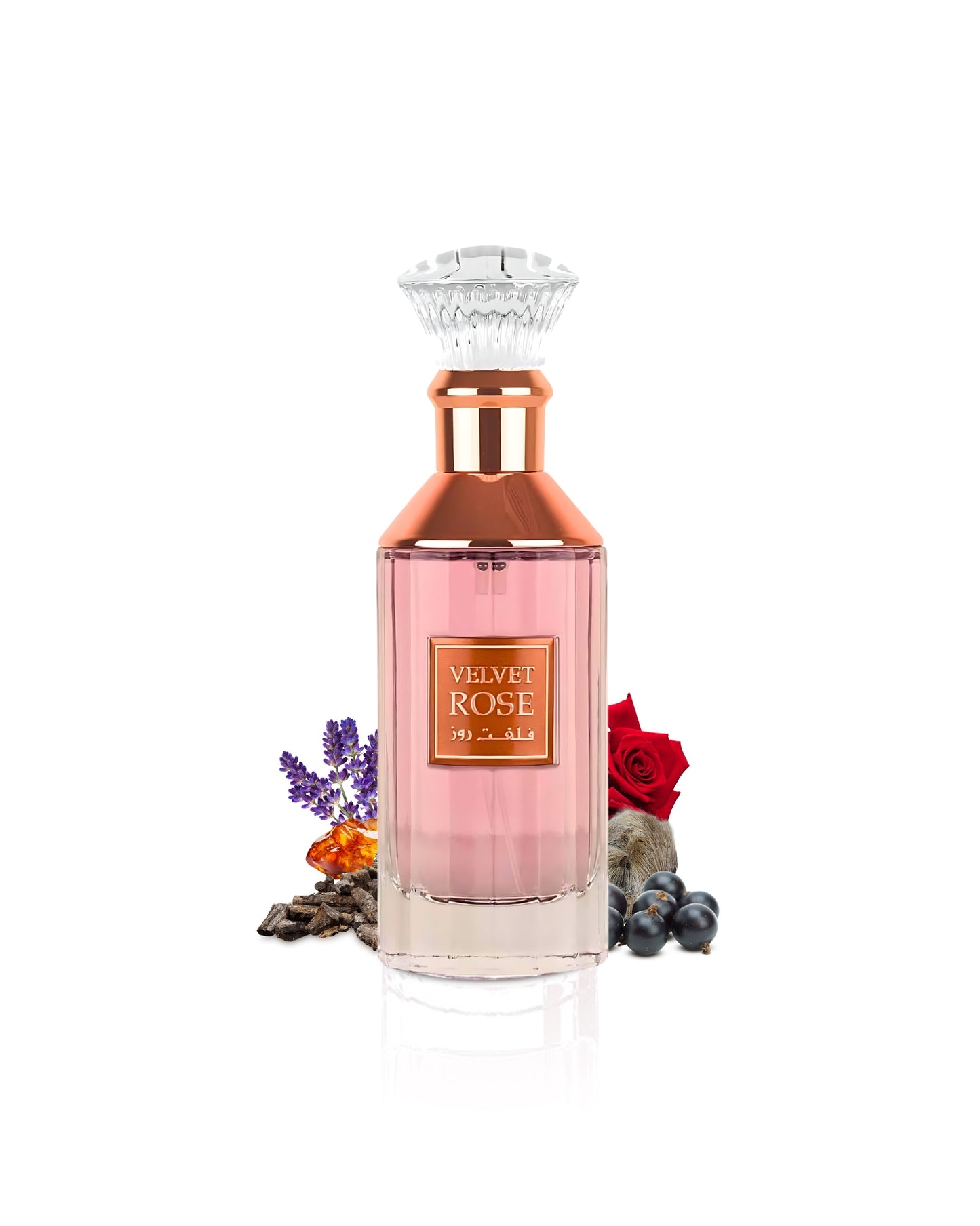 lattafa Perfume bottle labeled 'Velvet Rose' with flowers and lavender on a white background