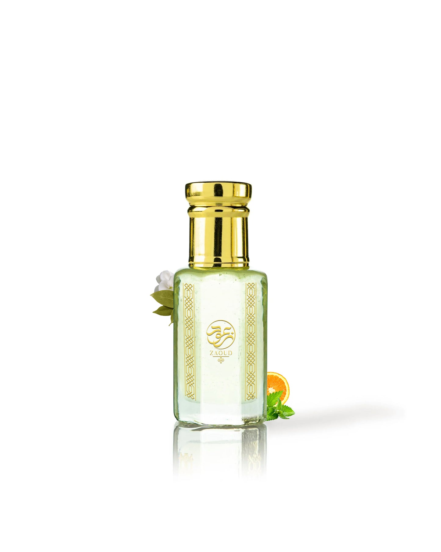 vindex perfume oil bottle surrounded with fragrance notes like patchouli and jasmine against white background