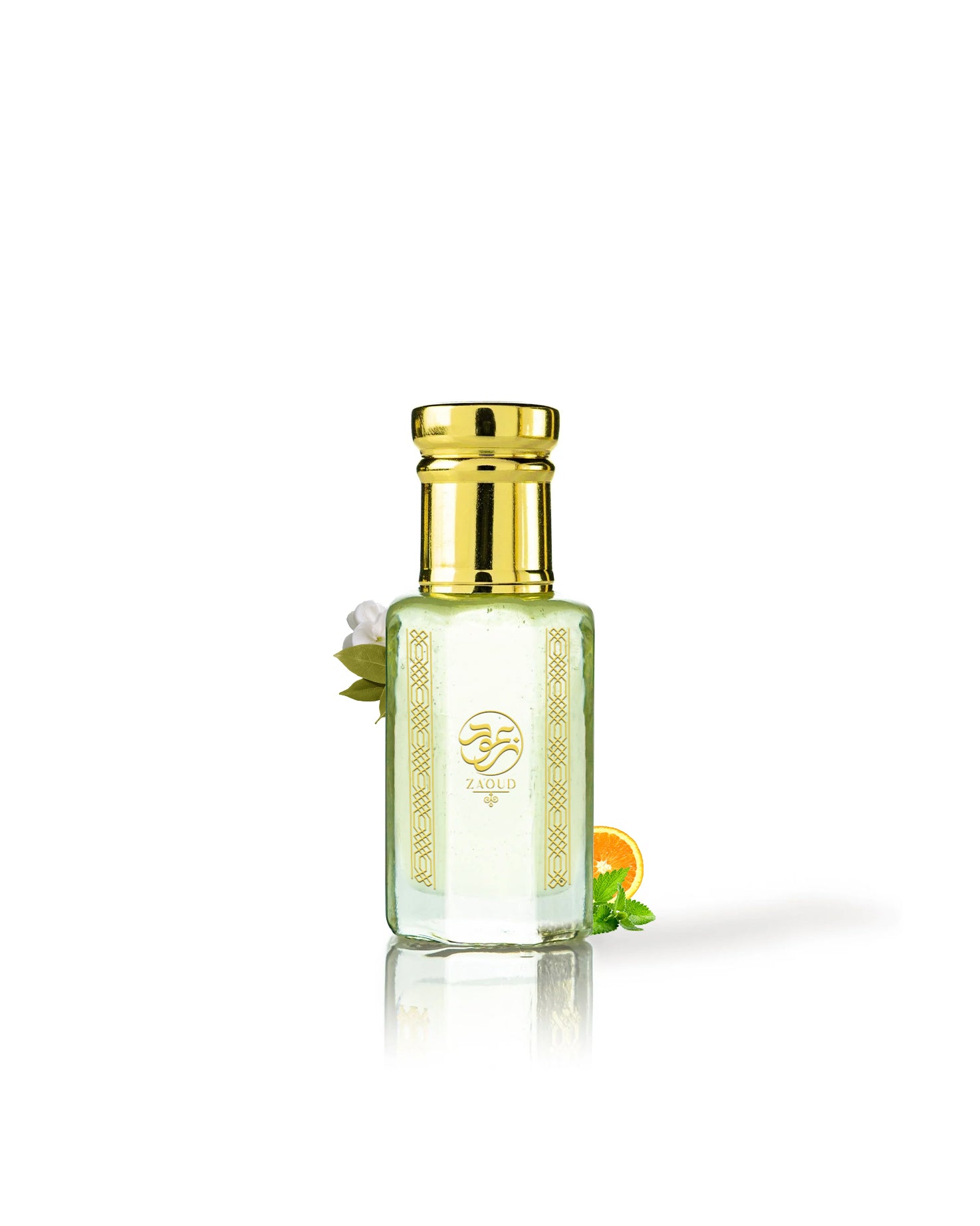 vindex perfume oil bottle surrounded with fragrance notes like patchouli and jasmine against white background