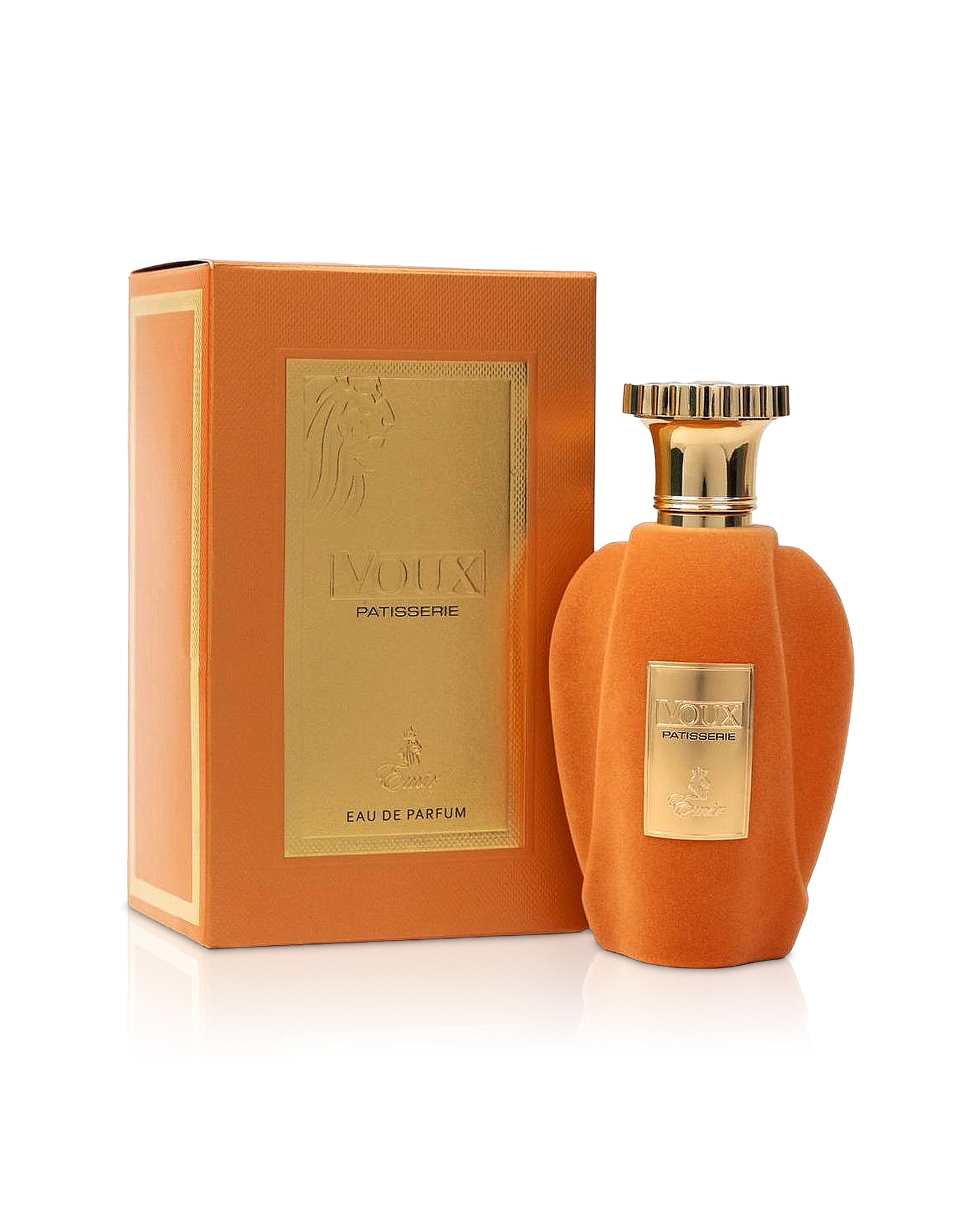 voux patisserie by paris corner perfume bottle shows beside its box against white background