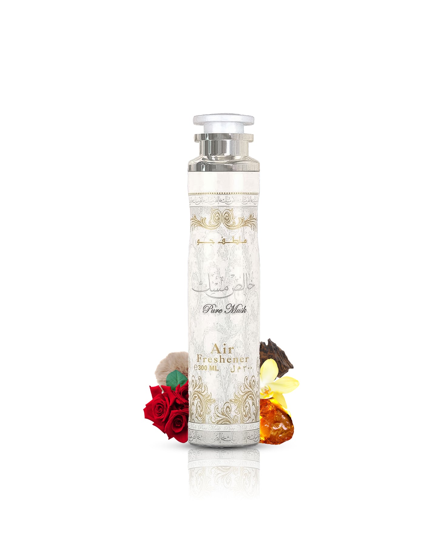 white musk air freshener surrounded by rose amber against white background