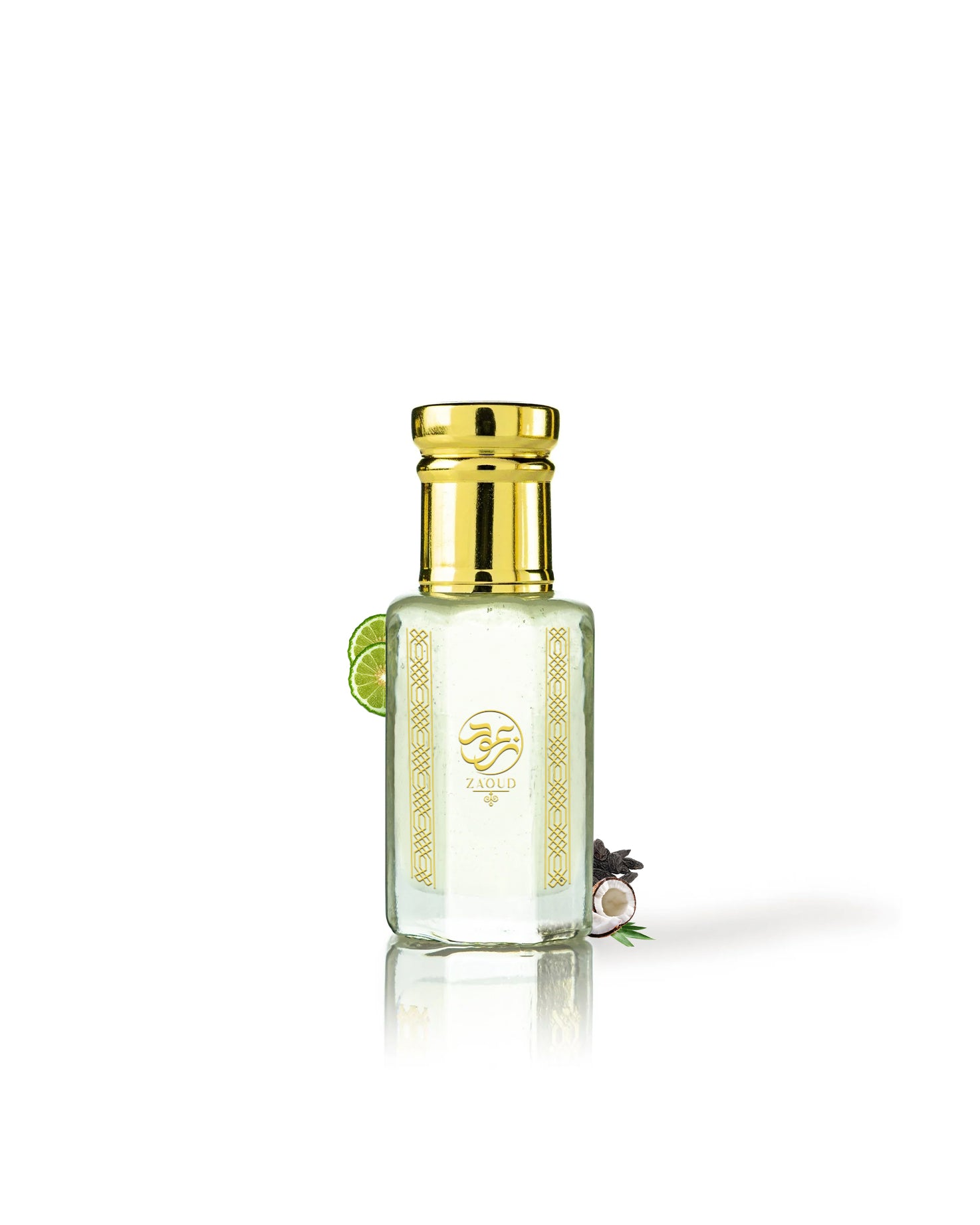 wild eden perfume oil bottle surrounded with fragrance notes like coconut and citrus from behind the bottle against white background
