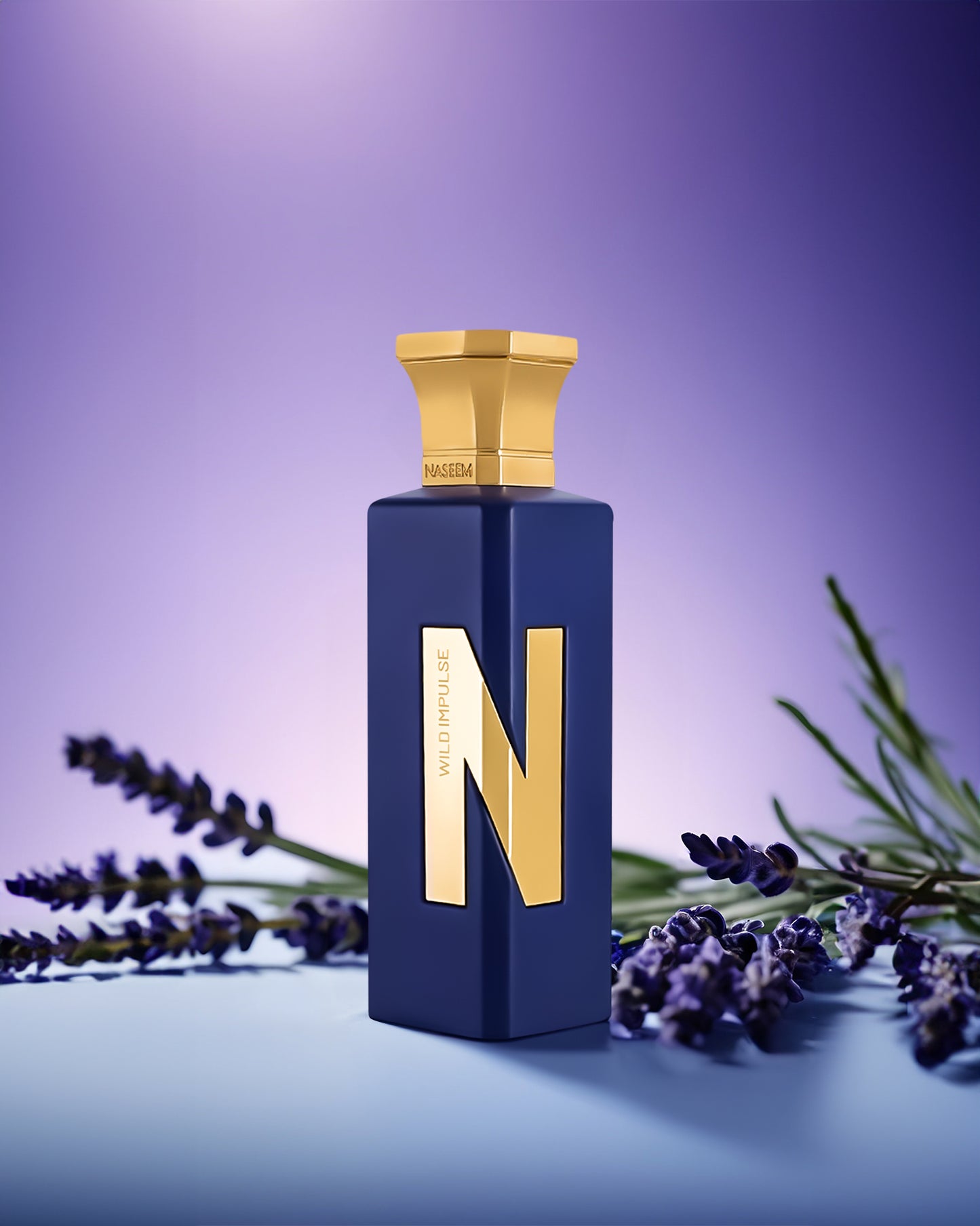 wild impulse aqua parfum bottle surrounded by lavander against violet background