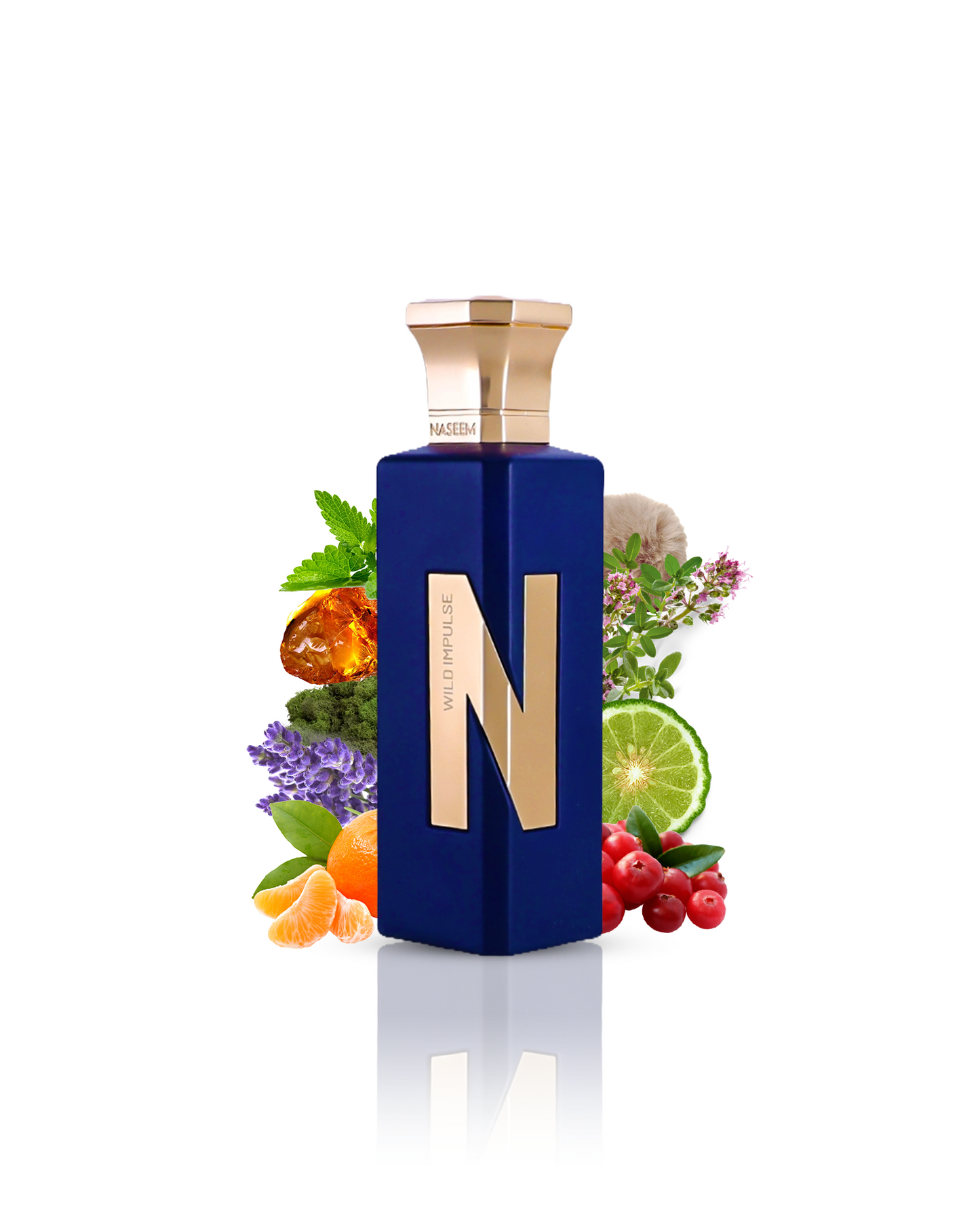 wild impulse aqua parfum bottle surrounded by lavender orange and amber against white background