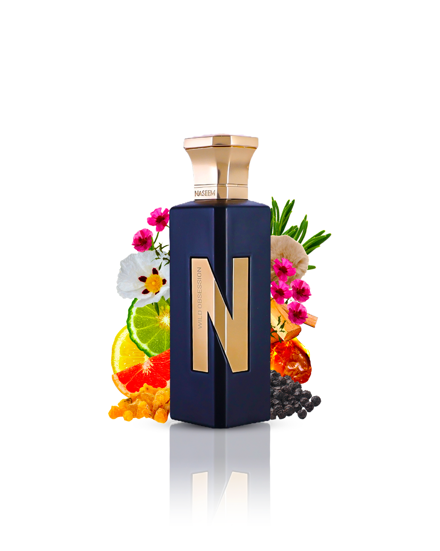 Analyzing image     wild obsession aqua parfum bottle surrounded by papper amber against white background