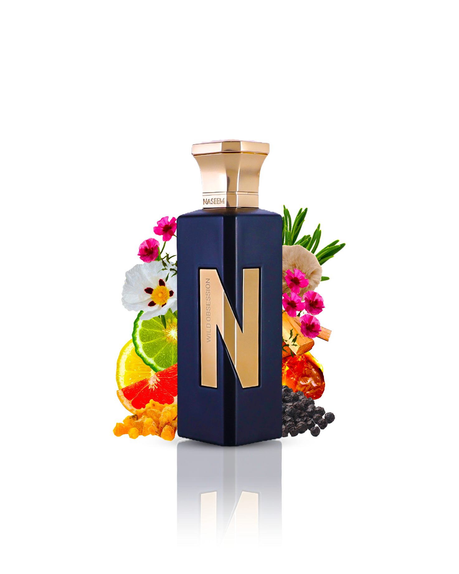 Analyzing image     wild obsession aqua parfum bottle surrounded by papper amber against white background