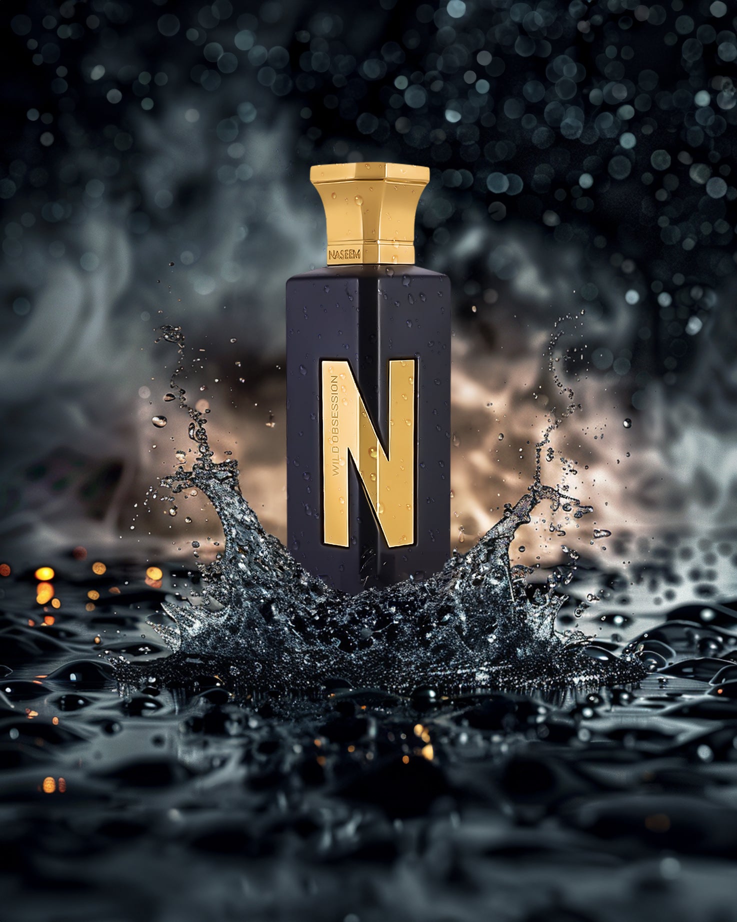 wild obsession aqua parfum bottle surrounded by water splashes against white blurry background
