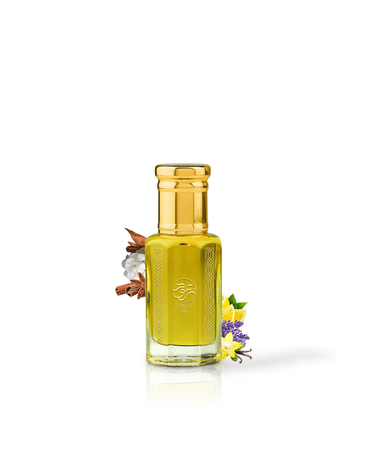 xenia noble perfume oil bottle surrounded by fragrance notes like vanilla and tobacco shows from behind the bottle against white background