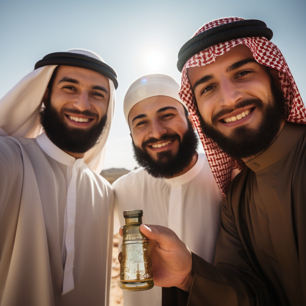 young energetic 3 muslim arabian men holding a perfume bottle.