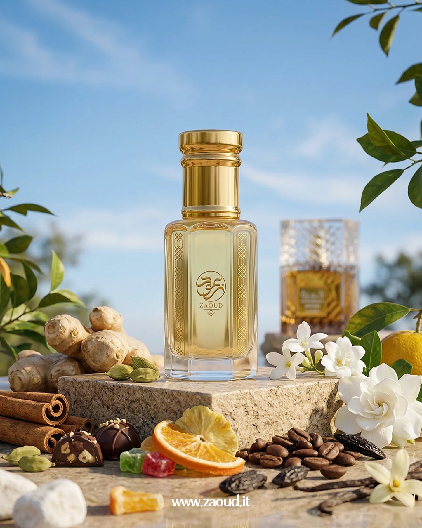 Zaoud Qahwa perfume oil bottle on stone surface with ginger cinnamon cardamom coffee beans vanilla and white flowers under blue sky luxury Arabic coffee gourmand fragrance