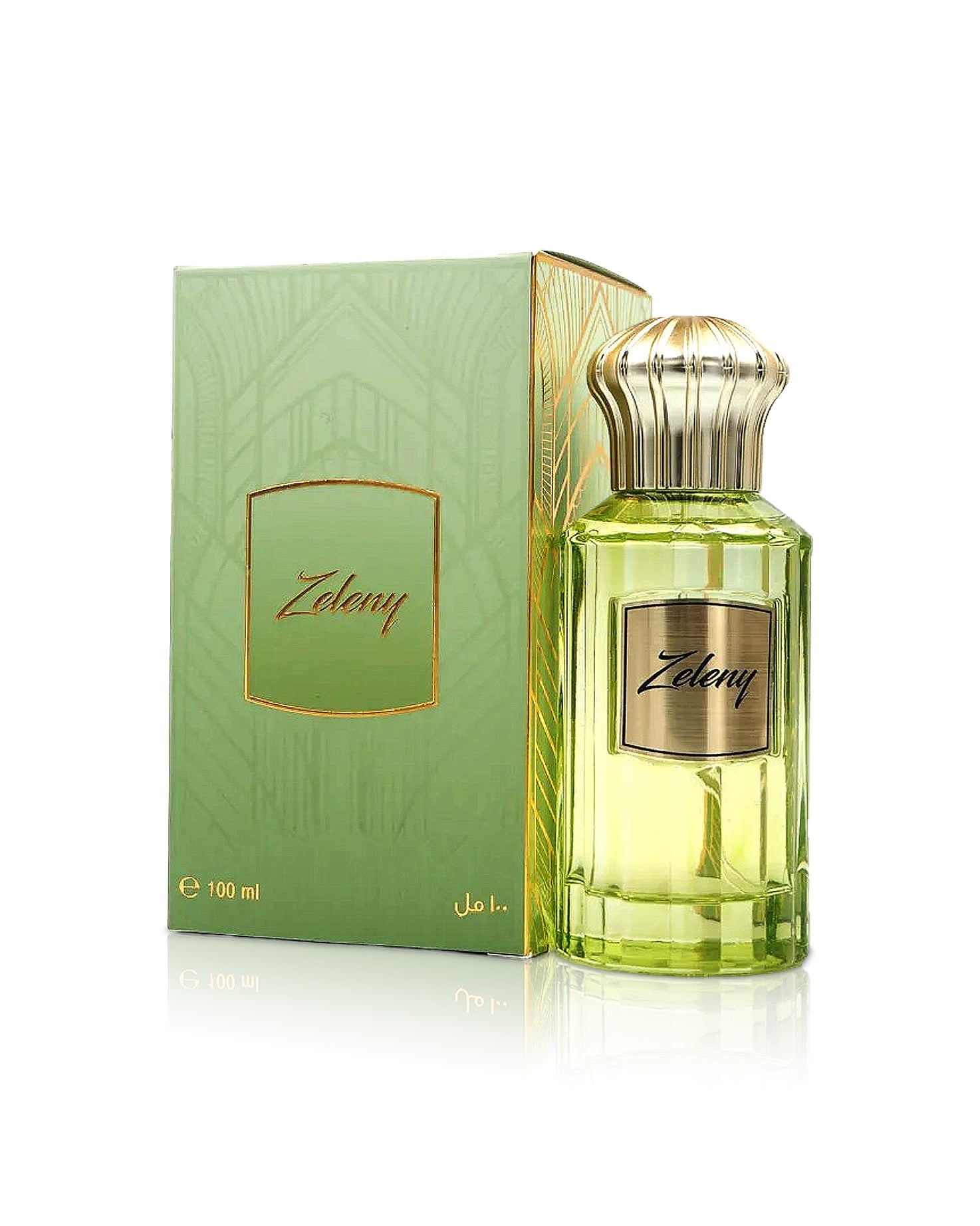 ahmed al Maghribi zeleny perfume bottle shows it box against white background
